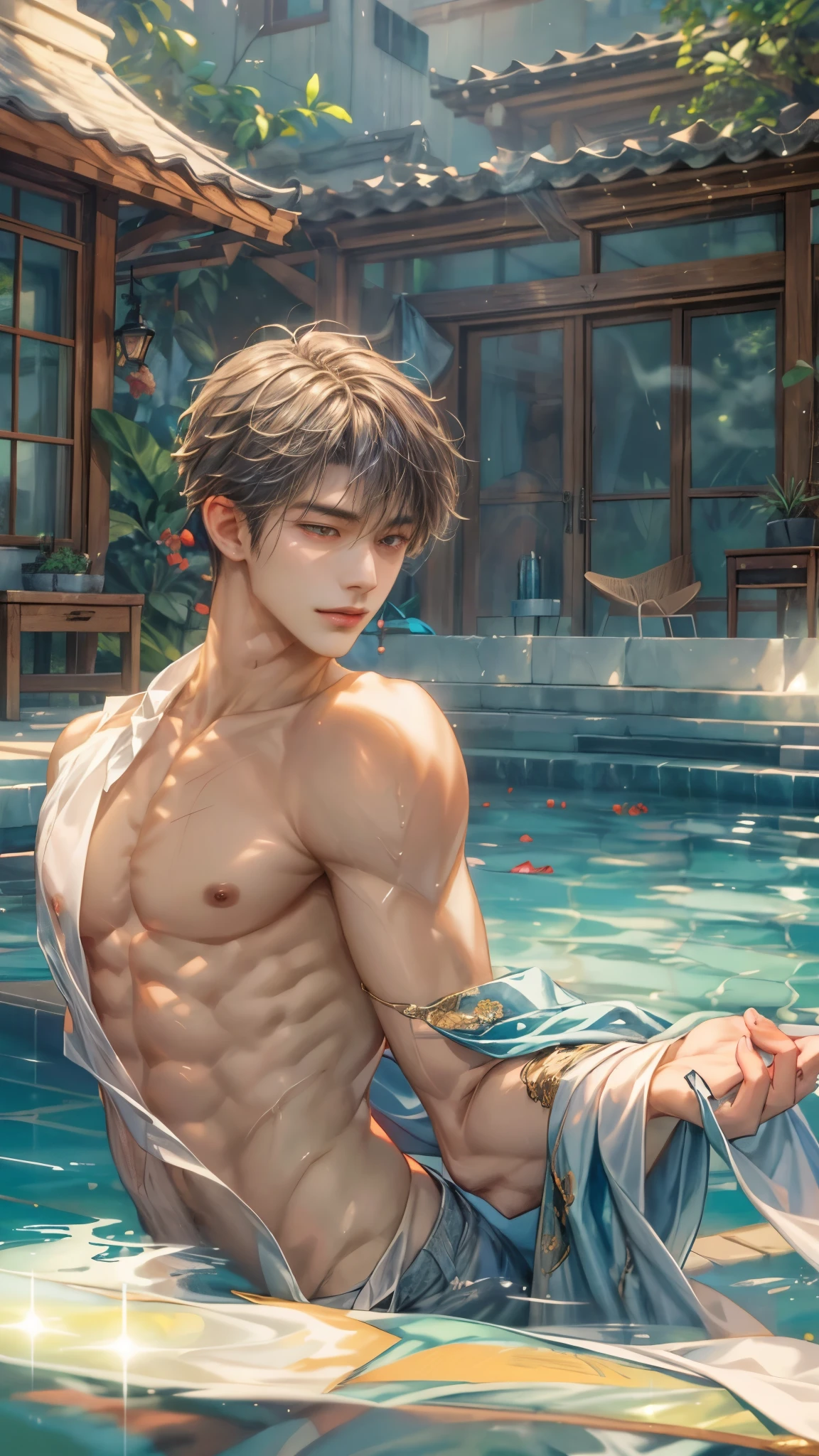 (absurdres, highres, ultra detailed, HDR), masterpiece, intricate, best quality, half body from below:1.1, portrait of a handsome anime character from ayashino ceres, short hair, original hair, captivating scene , boy enjoying a luxurious poolside. happy face, topless, see through shirt showing chest, wearing very short shorts showing legs, slightly hairy, Incorporate elements of nature, architecture, and the character's unique charm to create a visually stunning and immersive environment, art kenouji.