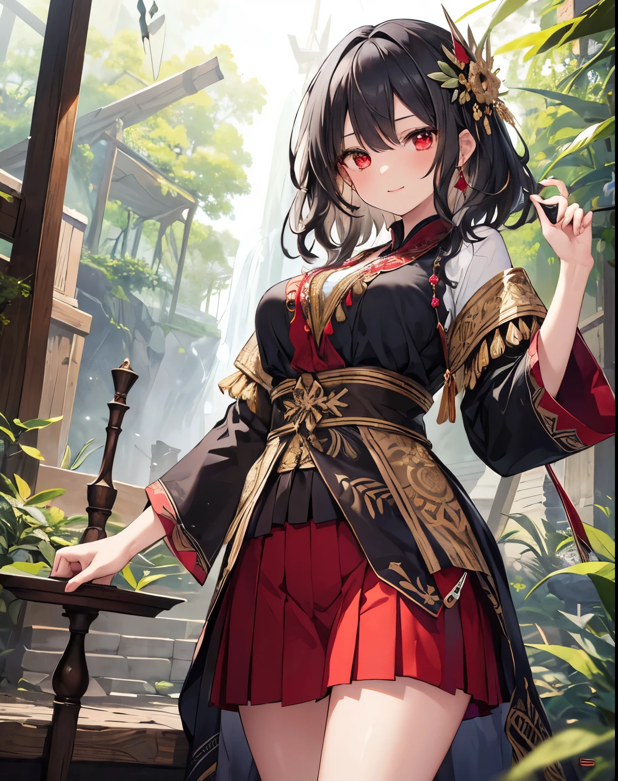 masterpiece, 1girl, sparrow, a silver black haired girl, wearing an javanese medieval herbalist clothes, curly medium hair, messy hair, slim body, wearing adventurer clothes, she close her left eye, shirt ornament, cheerful expression, red eyes, stand at forest, big breasts, batik skirt, pleated skirt