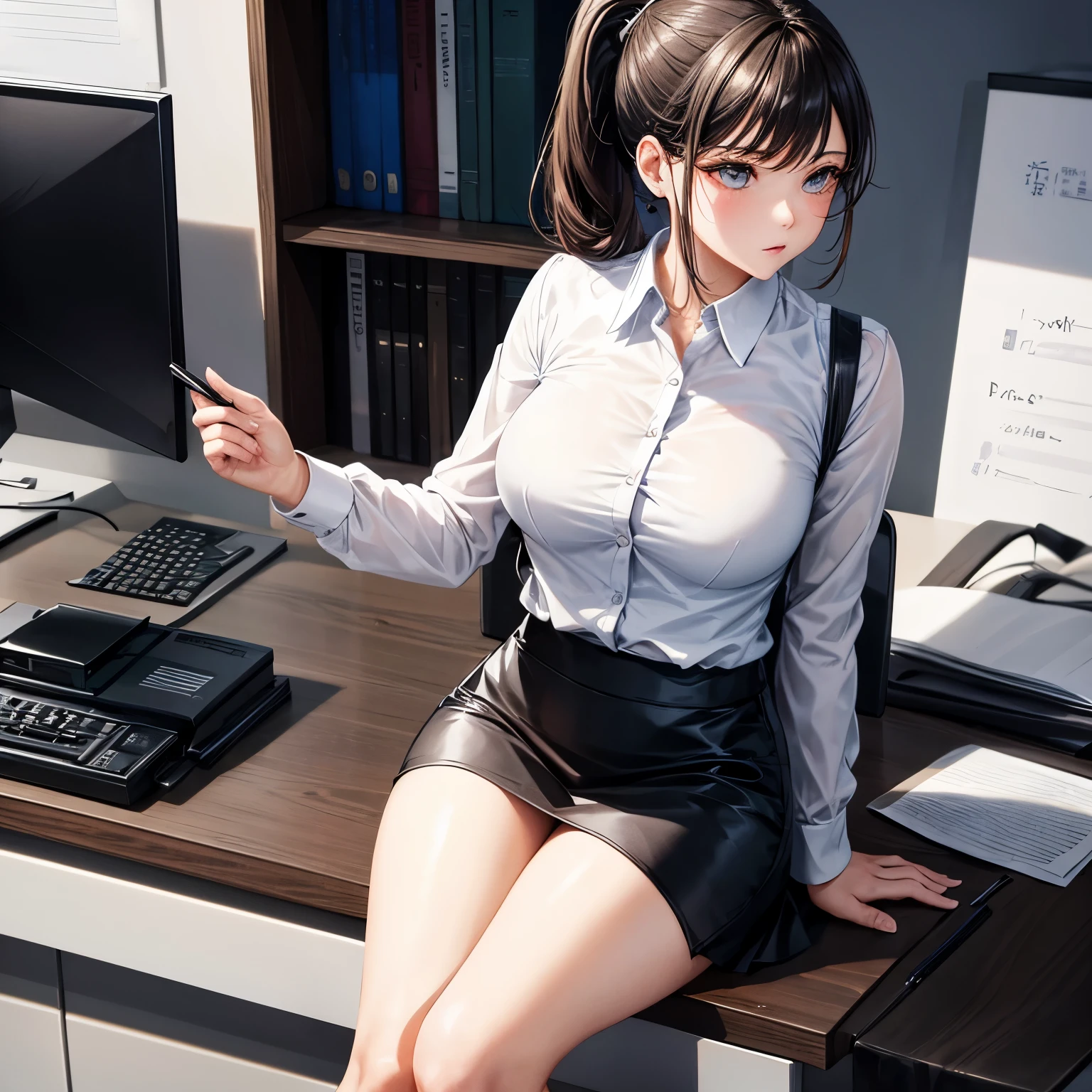 1 lady, solo, office wear, Tight white shirt, black skirt, black socks, ponytail hair, Holding files, Graceful, elegant, enchanting.