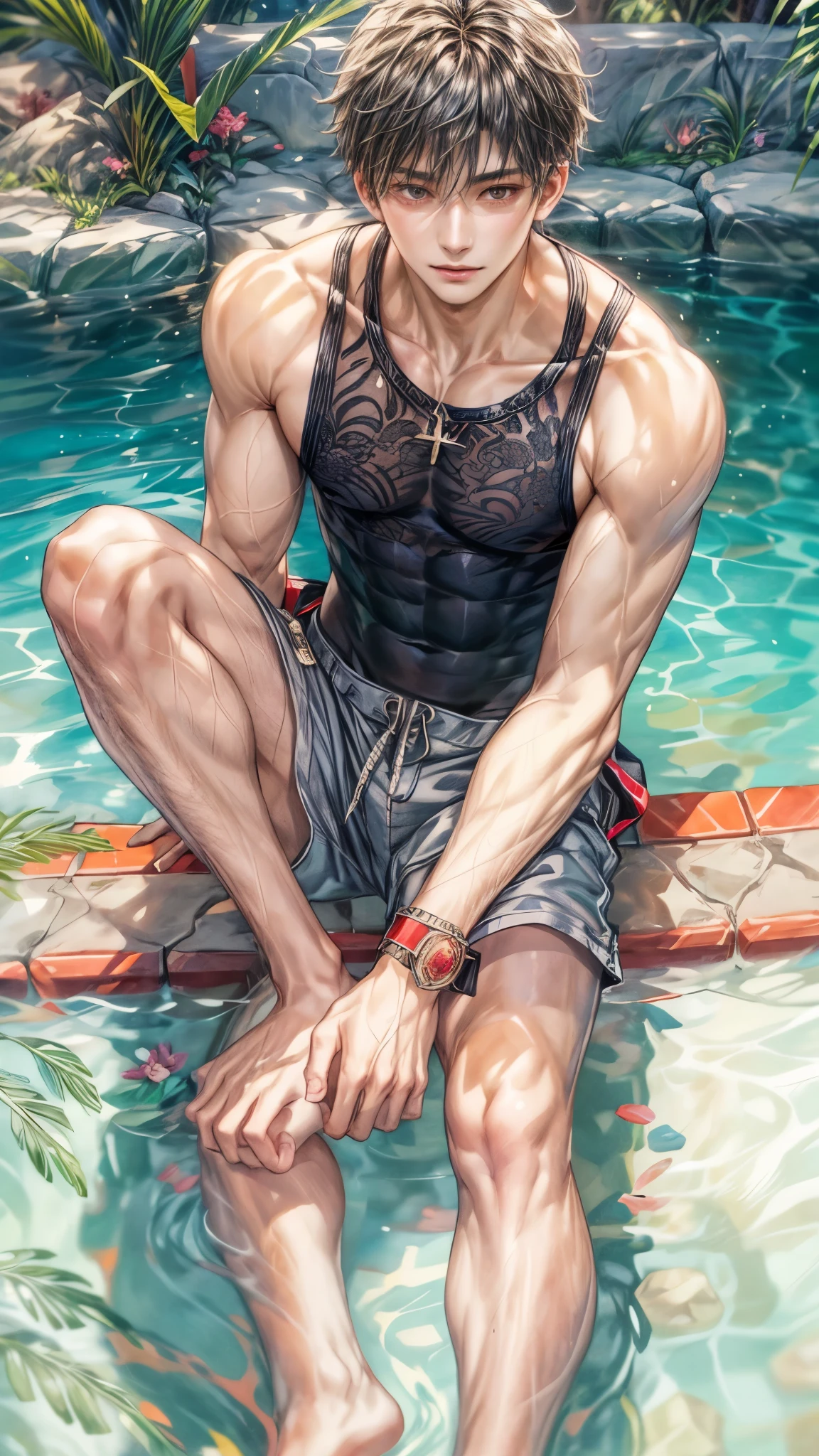 (absurdres, highres, ultra detailed, HDR), masterpiece, intricate, best quality, half body from below:1.1, portrait of a handsome anime character from ayashino ceres, short hair, original hair, towel on shoulder, captivating scene , boy enjoying a luxurious poolside. happy face, topless, see through shirt showing chest, wearing very short shorts showing legs, slightly hairy, Incorporate elements of nature, architecture, and the character's unique charm to create a visually stunning and immersive environment, art kenouji.