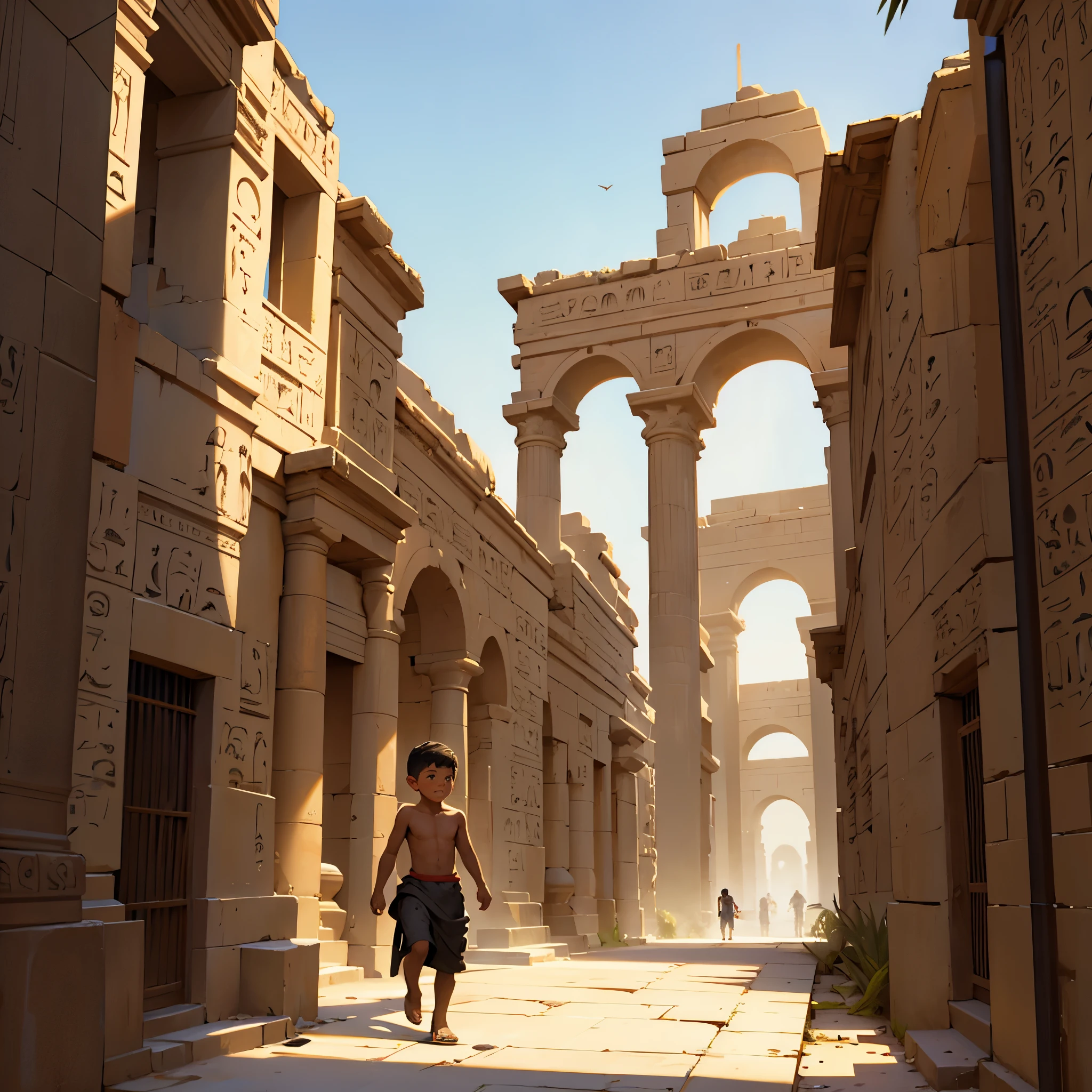 There is a hungry 4-year-old boy, he is shirtless and walks through a beautiful city in ancient Egypt.