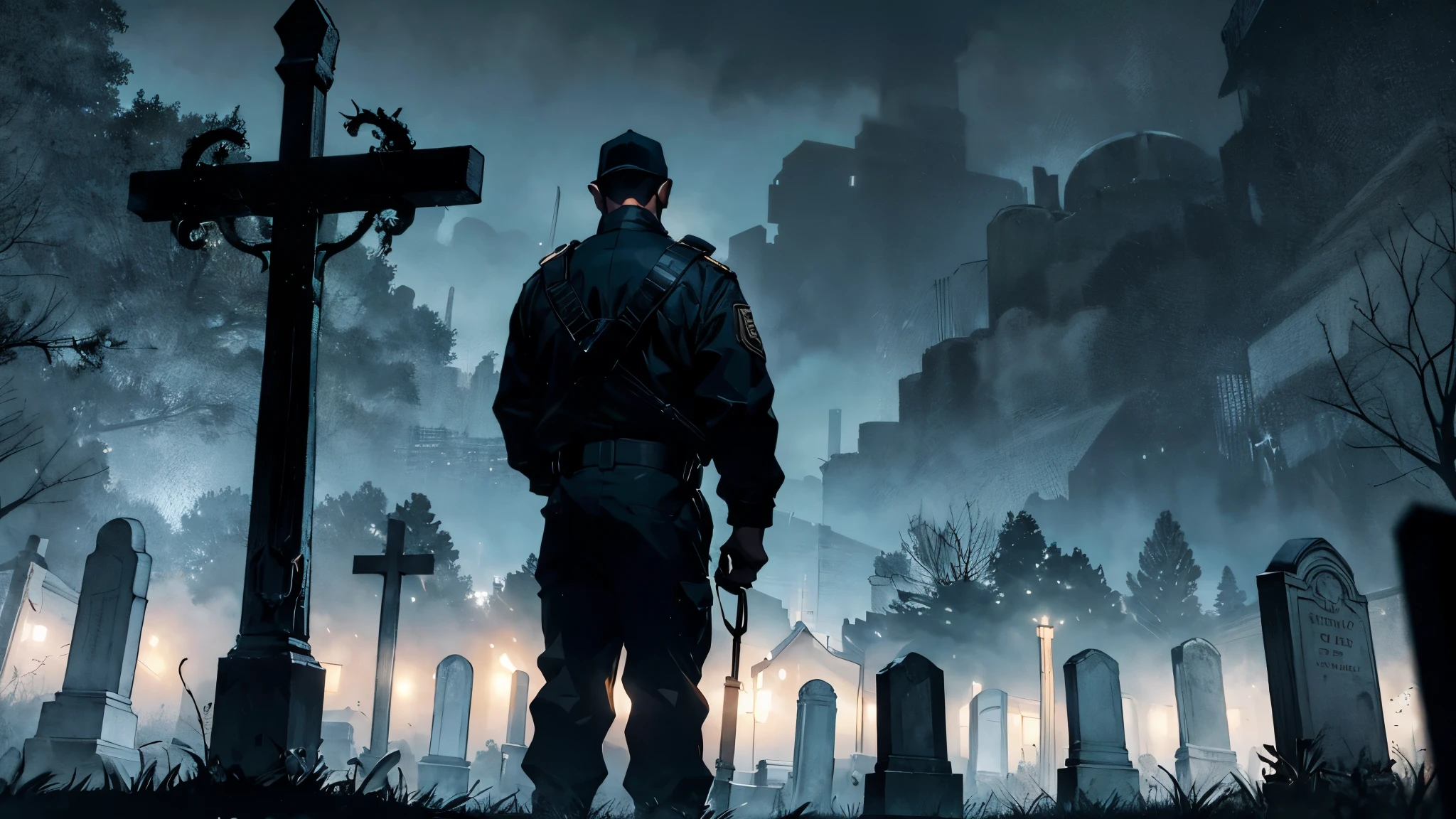 Cemetery security guard on a dark and gloomy night, in an old and macabre cemetery with old graves on a dark and intense night