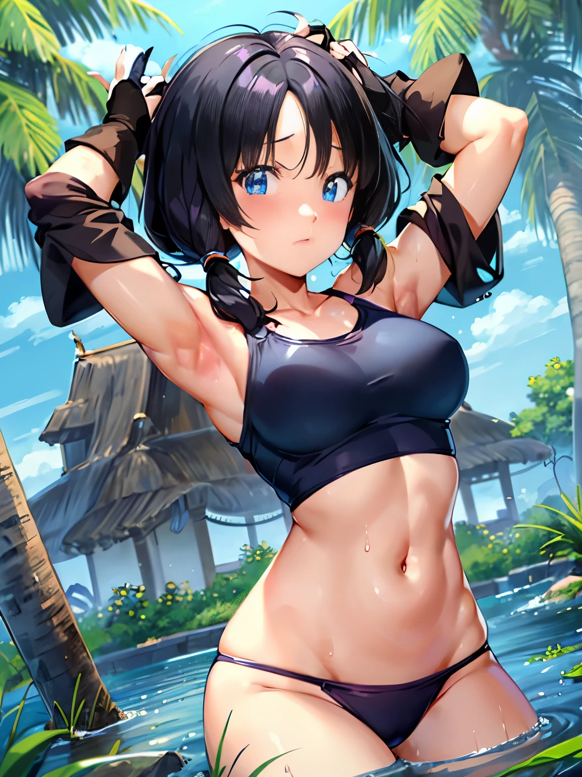 masterpiece, highest quality, High resolution, girl,saw 2, blue eyes, black hair, Low twintails and short cut, medium breasts, frown,blush, girl1名, navy blue competitive swimsuit, raise your arms high,suspended in the air,hanging,looking at the viewer。black quagmire,Wandering in the swamp,the sky is cloudy,The water surface is black and murky,