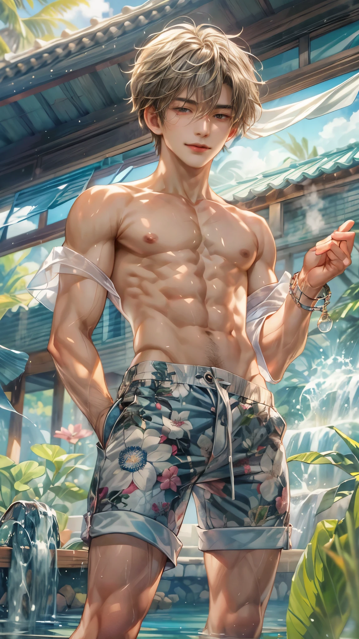 (absurdres, highres, ultra detailed, HDR), masterpiece, intricate, best quality, half body from below:1.1, portrait of a handsome anime character from ayashino ceres, short hair, original hair, towel on shoulder, captivating scene , boy enjoying a luxurious poolside. happy face, topless, see through shirt showing chest, wearing very short shorts showing legs, slightly hairy, Incorporate elements of nature, architecture, and the character's unique charm to create a visually stunning and immersive environment, art kenouji.
