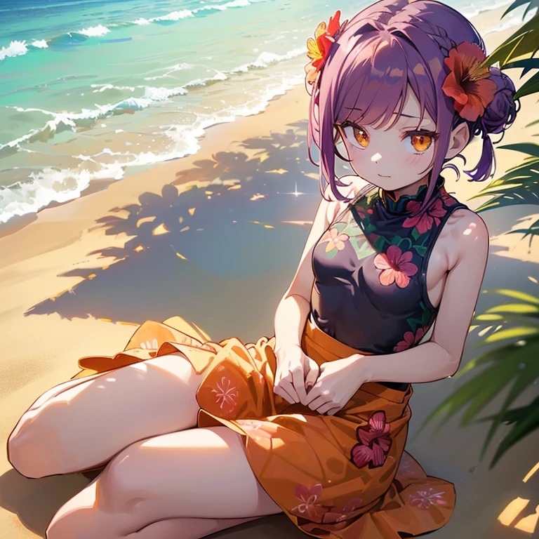 highest quality,High resolution,masterpiece,Two dimensions,young girl,cute,small breasts,(bun hair),thin hair,short bob,(Curled bristles),purple hair,I braided part of my bangs,glowing orange eyes,narrow eyes,((flower lei on head,Wearing a one-piece muumuu,She is wearing a hibiscus-patterned pau skirt.)),BREAK (sandy beach,Cat:1.5,Catと人がフラダンスを踊っている:1.5)