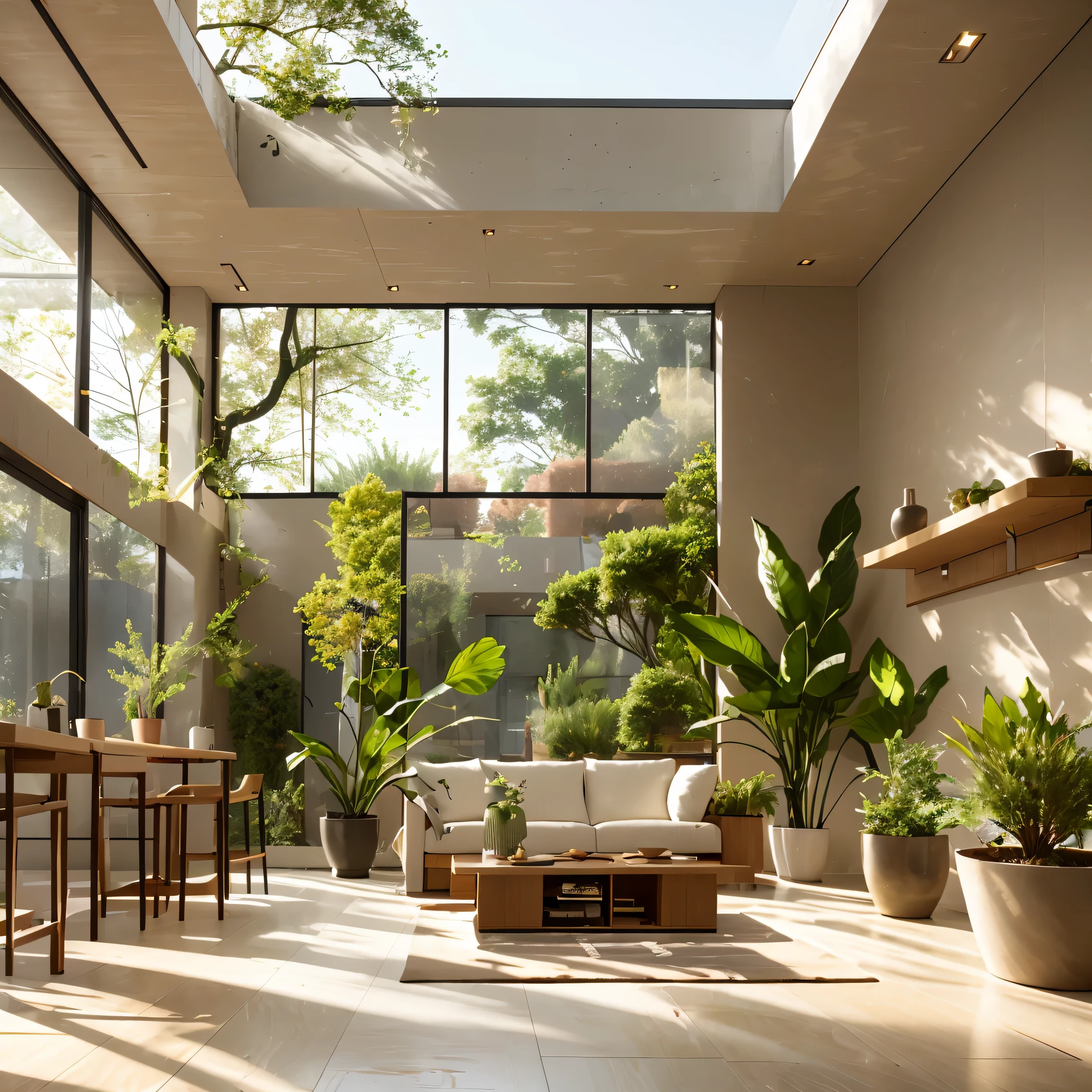 (masterpiece, best quality:1.2), (\shi nei she ji\), no humans, landscape, plant, tree, bench, window, potted plant, indoors, table, Sunlight, Sky, wooden floor, cup, flowerpot, shelf