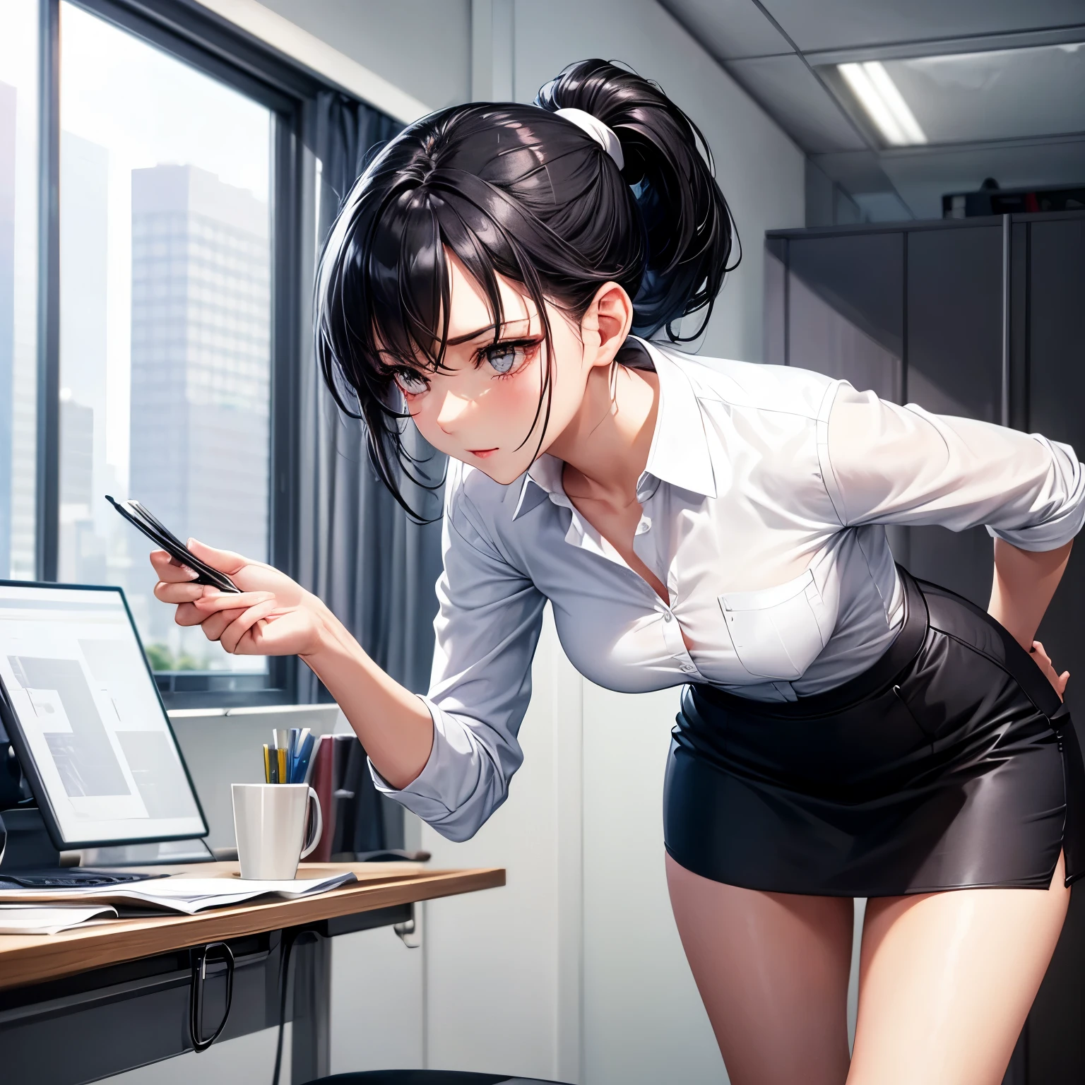 1 lady, solo, office wear, Tight white shirt with top button pocket removed, black skirt, black socks, ponytail black hair, Holding files, Graceful, elegant, enchanting, close up view, girl with beautiful eyes