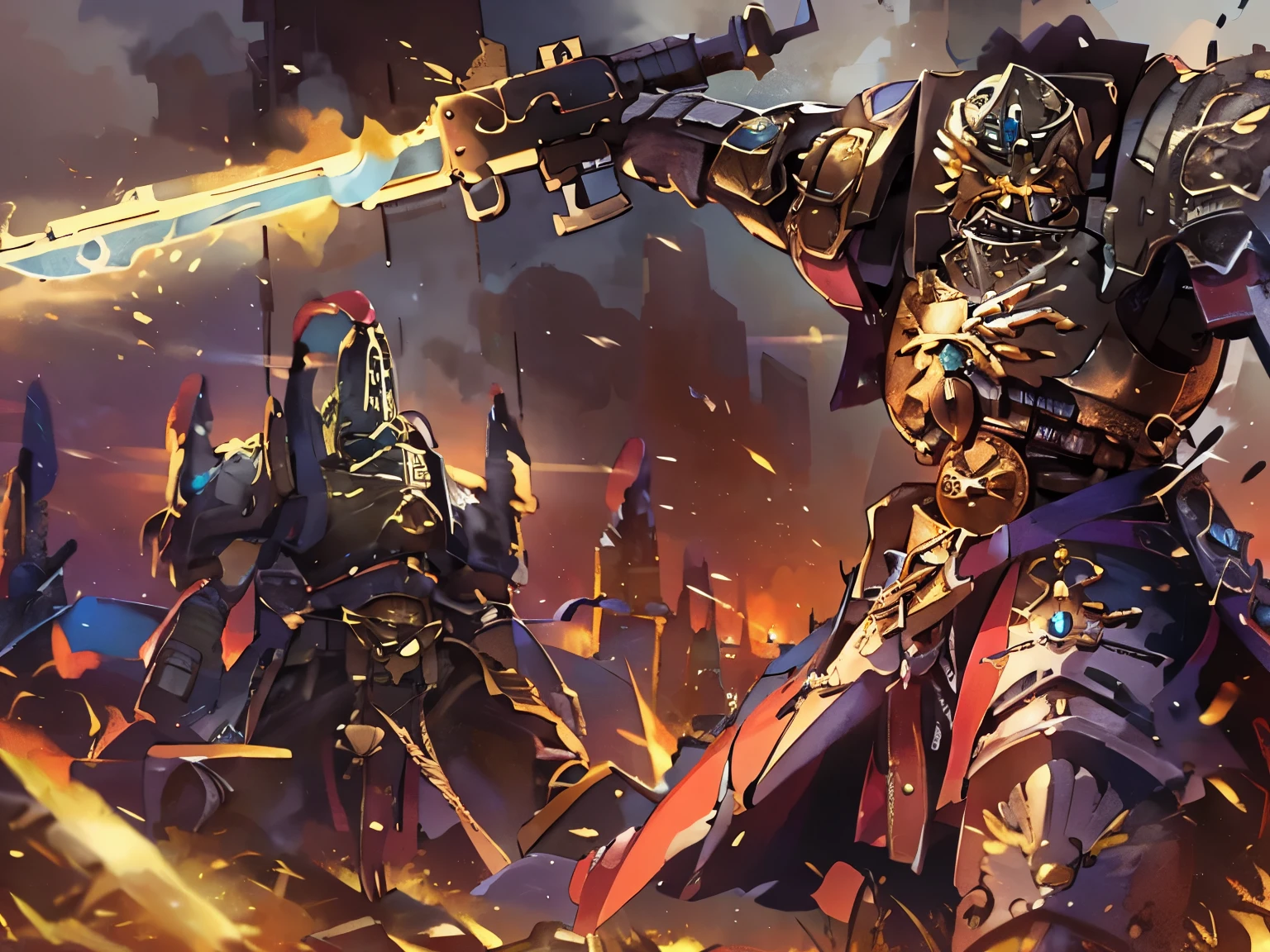 photorealistic, one custodes shooting with sentinel spear, powerful glowing energy from armor, a ruined city looming in the distance, high definition, detailed, dramatic lighting, powerful action pose, bullets deflecting off armor, explosions, flames, destruction, pov from front, front view, close up, castellan knight in the background