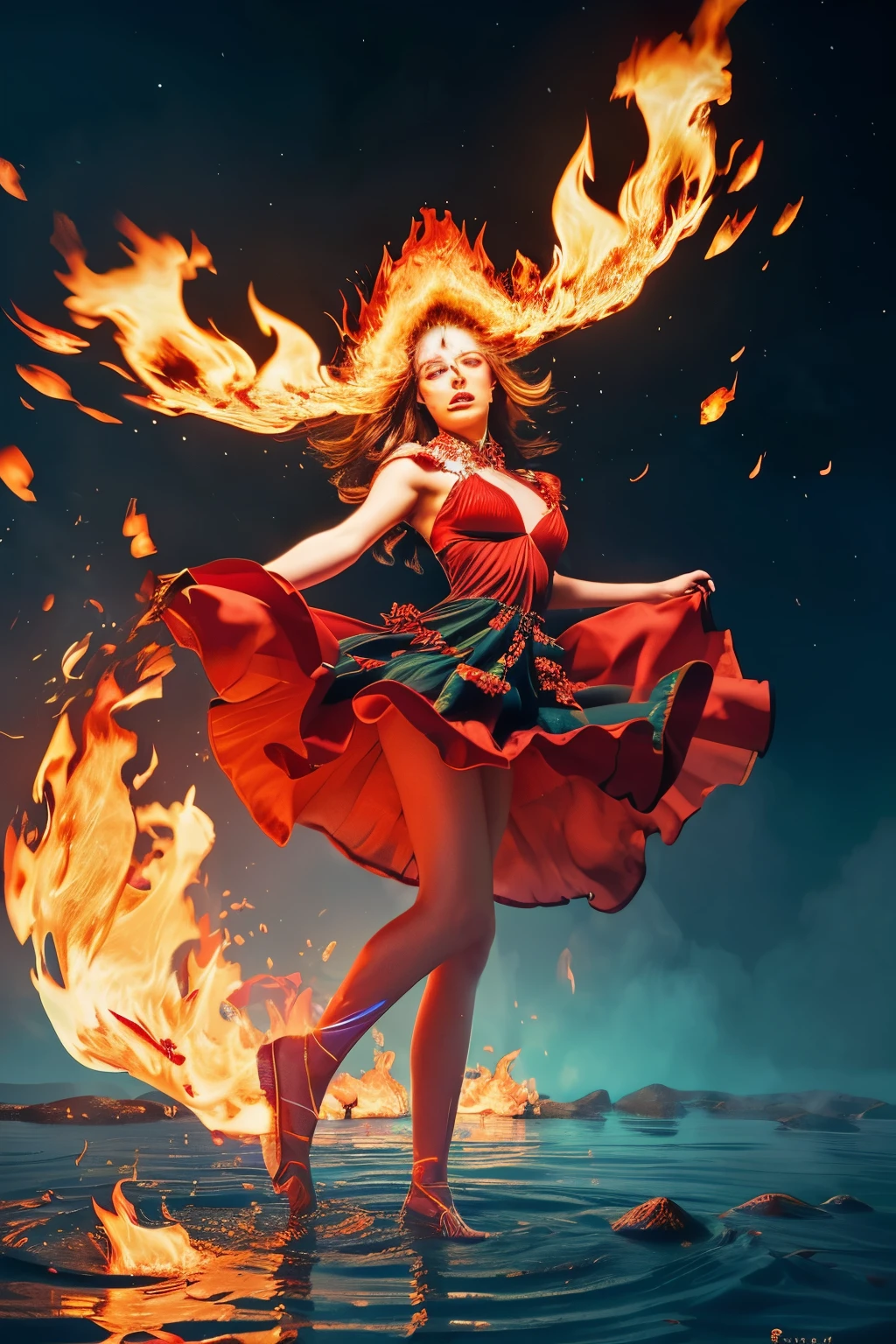 masterpiece, best quality,extremely detailed 8k wallpaper, best quality, extremely detailed, detailed, art of light novel cover,highres,
(outdoors, nature,sea,blue water,blue sky with red_clouds:1.25),stars,blood moon,(fire world),(burning world),(red sea:1.5),flame flowers, grass,(detailed  transparent ruby:1.4),(colorful refraction),(floating flames:1.4),(Floating  fire:1.5) on the water,(Flowing magma:1.4),A lot of flames,
transparent and neon highlights,(legendary red crystal elf), anthropomorphic, (red crystal elements:1.8), (complex details) ,(1girl:1.3),(solo),(full body),(Standing on the Crystal Fire_lotus), (body  surrounded by fire),(flames attached to feet),(beautiful and delicate eyes), glowing red eyes,exquisite face, cowboy shot, (messy floating long blonde hair), messy hair, head decoration, small breasts,(lovely), focus, (fantasy wind), (Colorful and see-through red chiffon dress:1.3), (complex details),Flame attached to clothes, 14 years old, clamp-style, clear lines, magic effects, high resolution ,85mm, f1.8, photo realistic,