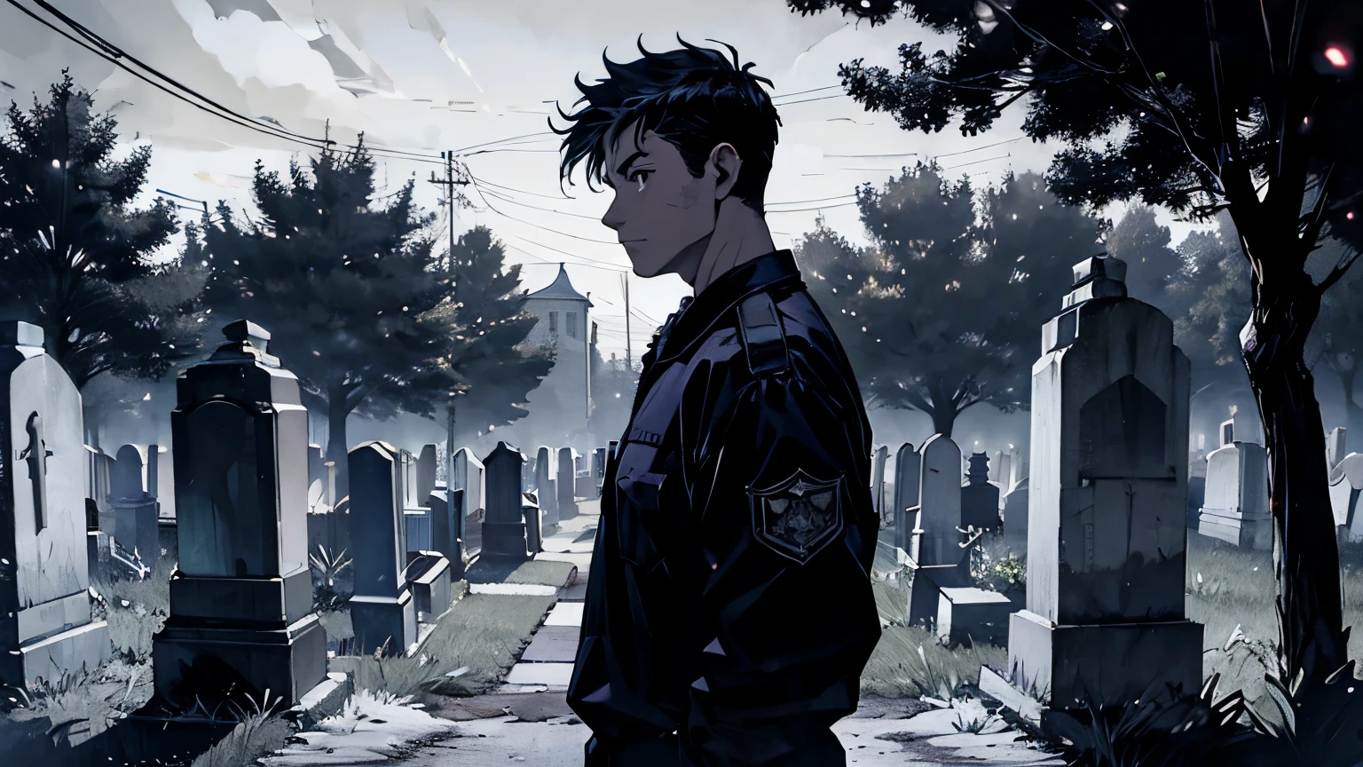 Cemetery security guard on a dark and gloomy night, in an old and macabre cemetery