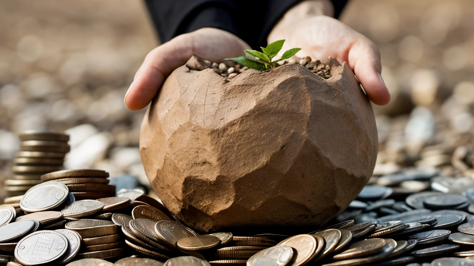 A gnarled, weathered hand clutches a seed, which slowly transforms into a blooming money tree. This symbolic image evokes questions about hard work, patience, and the potential for financial growth.