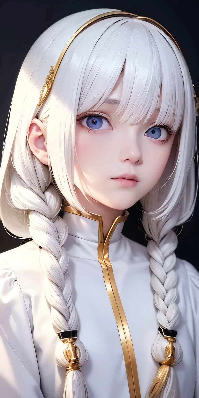 best quality, masterpiece,white hair, golden eyes,White clothes, look up, Upper body,Hair,White skin,side braid