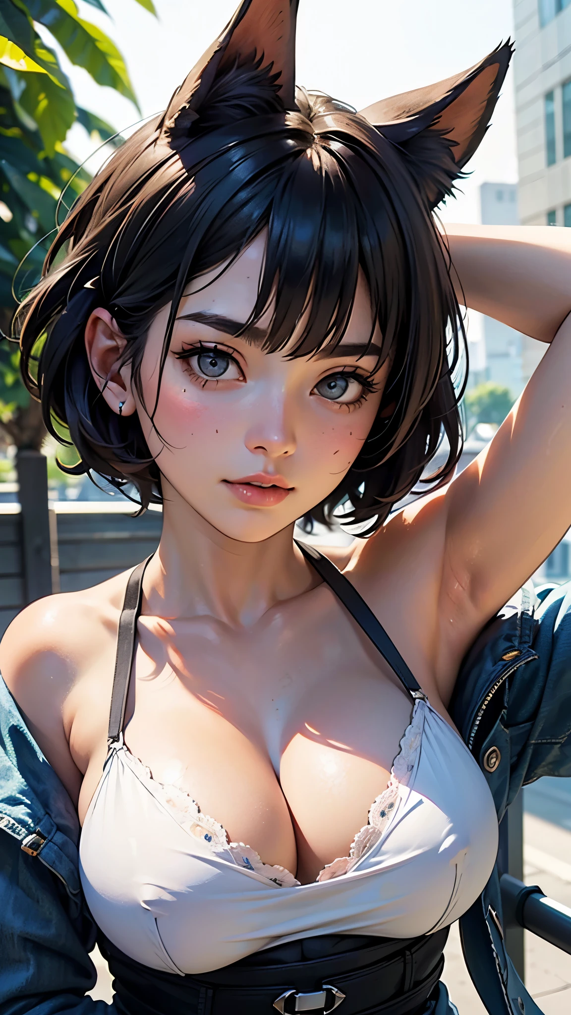(8k, RAW photo, best quality, masterpiece:1.2), london (azur lane), fantacy_world, 1 girl, (aegyo sal:1), cute, aged down, (Jpop_idol), detailed beautiful skin, huge breasts, animal ears, black hair, cat ears, grey eyes, short hair, sad hand on own face, (photorealistic:1.8), focus_on_face, looking down, arm up, sunny milk, professional lighting, photon mapping, radiosity, physically-based rendering, daytime, outdoors,