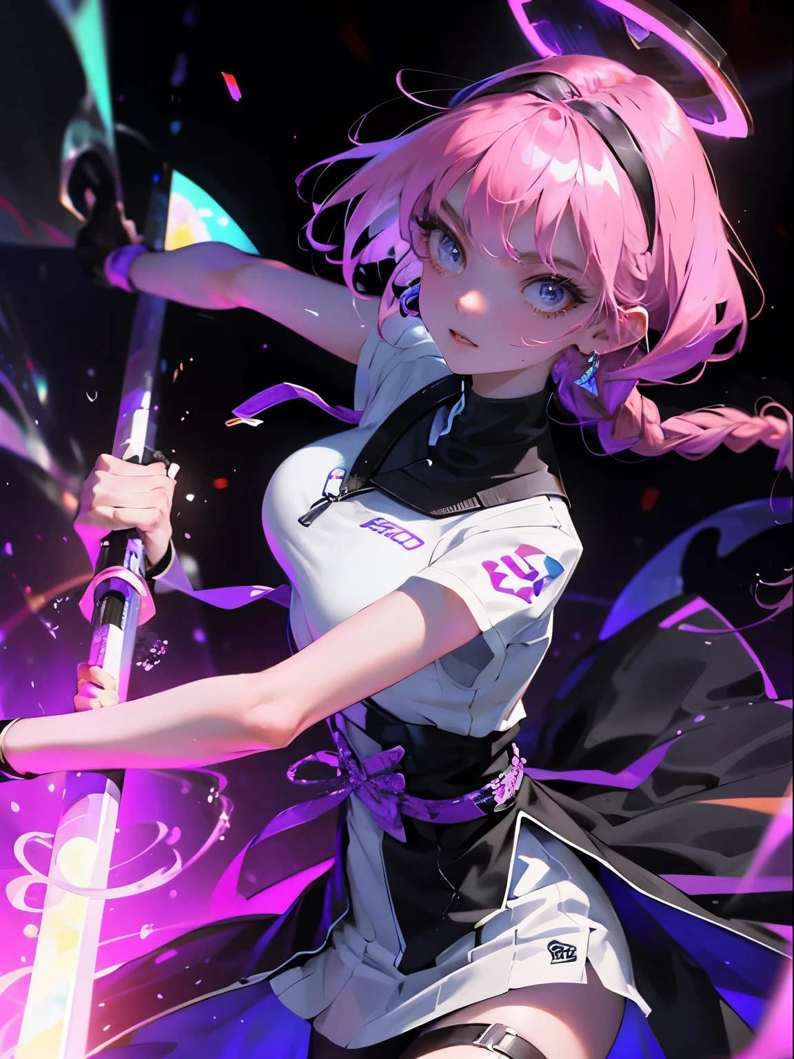 best quality, 1 girl, Keda, solo, Two braided colorful dresses, looking at the audience, upper part of body,Purple light hits the girl