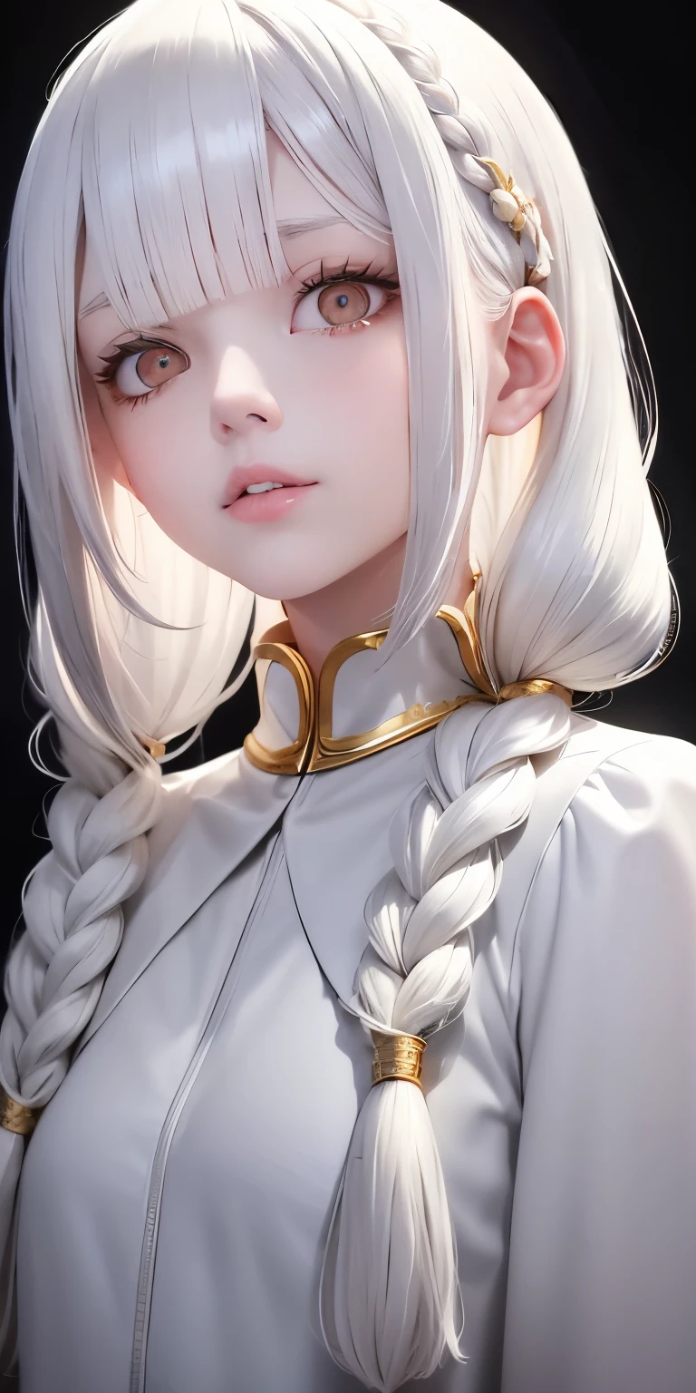 best quality, masterpiece,white hair, golden eyes,White clothes, look up, Upper body,Hair,White skin,side braid