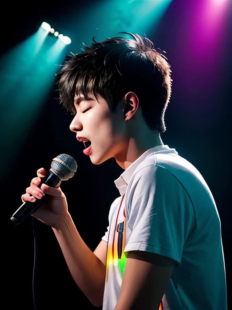 highest quality, wide angle, male, profile, black hair, short hair, high school student, singing, hold the microphone with your right hand, closed my eyes, bright colors, bright colors, light, light effects