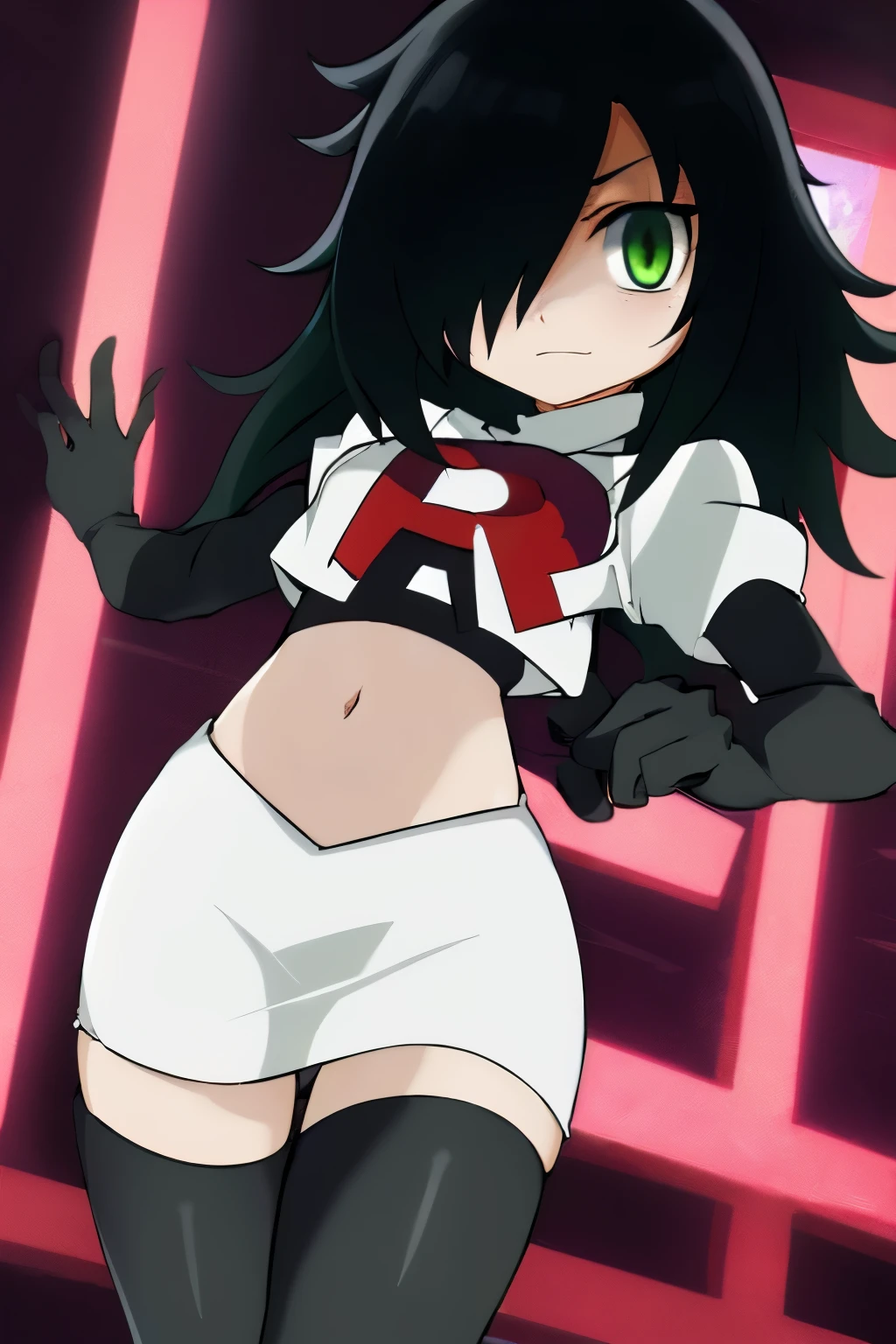 (masterpiece, detailed), kuroki-tomoko, green eyes, hair over one eye, bags under eyes, team rocket,team rocket uniform,white skirt,red letter R,crop top,black thigh-highs,black elbow gloves