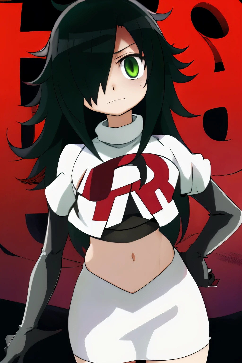 (masterpiece, detailed), kuroki-tomoko, green eyes, hair over one eye, bags under eyes,  team rocket,team rocket uniform,white skirt,red letter R,crop top,black thigh-highs,black elbow gloves