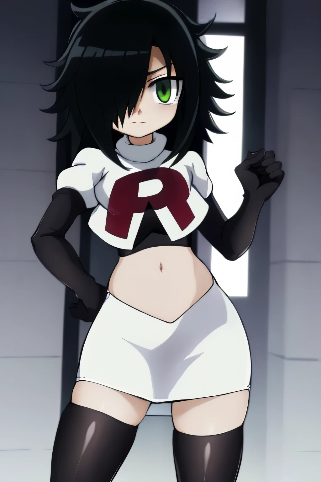(masterpiece, detailed), kuroki-tomoko, green eyes, hair over one eye, bags under eyes,  team rocket,team rocket uniform,white skirt,red letter R,crop top,black thigh-highs,black elbow gloves
