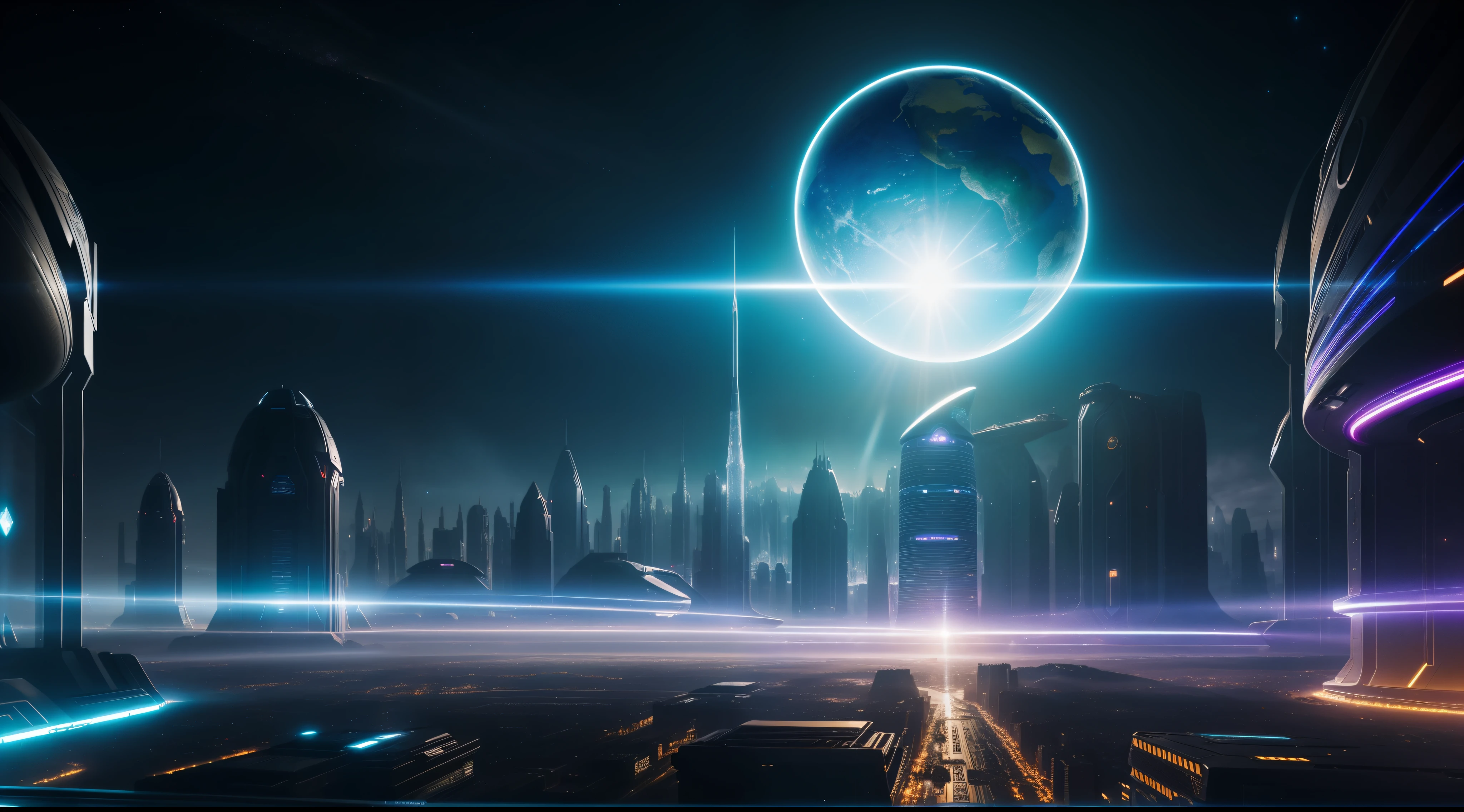 Highly detailed illustration of a hidden world inside planet earth, atmosphere, futuristic city and spaceship in the background, holographic shimmer, whimsical lighting, futuristic ambiance, soft textures, imaginative artwork, ethereal glow, silent Luminescence, whispering Silent, iridescent Encounter, vibrant background, by Skyrn99, rule of thirds, high quality, high detail, high resolution, bokeh, backlight, long exposure