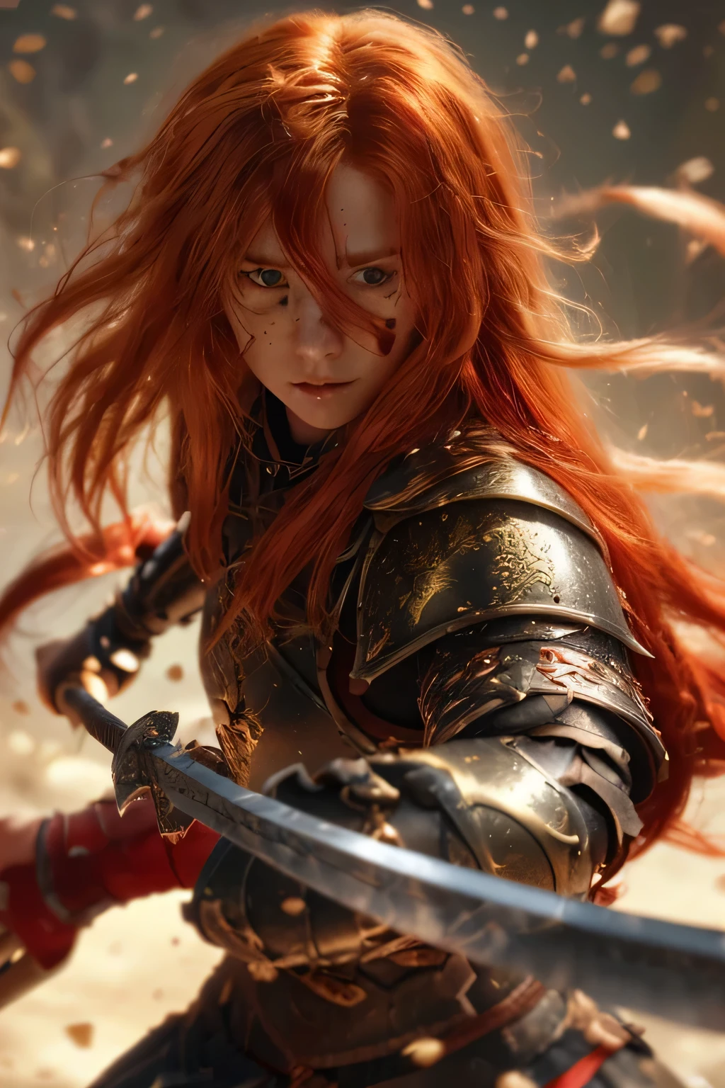 true high definition brave sword black armor golden details white red hair long hair athletic young