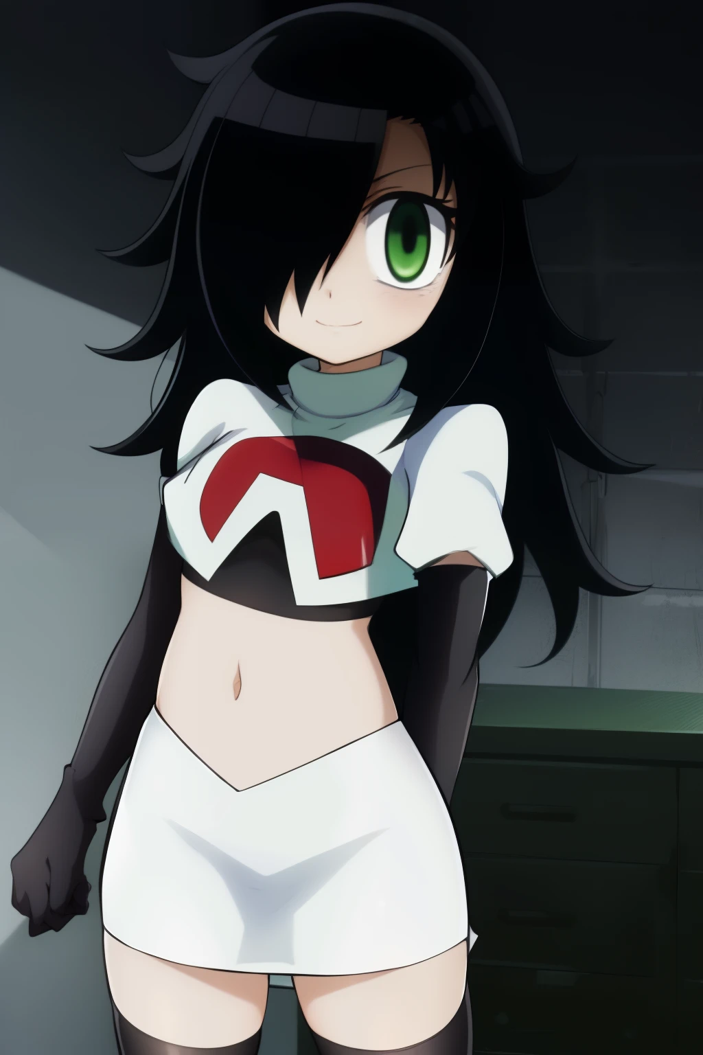 (masterpiece, detailed), kuroki-tomoko, green eyes, hair over one eye, bags under eyes, team rocket,team rocket uniform,white skirt,red letter R,crop top,black thigh-highs,black elbow gloves