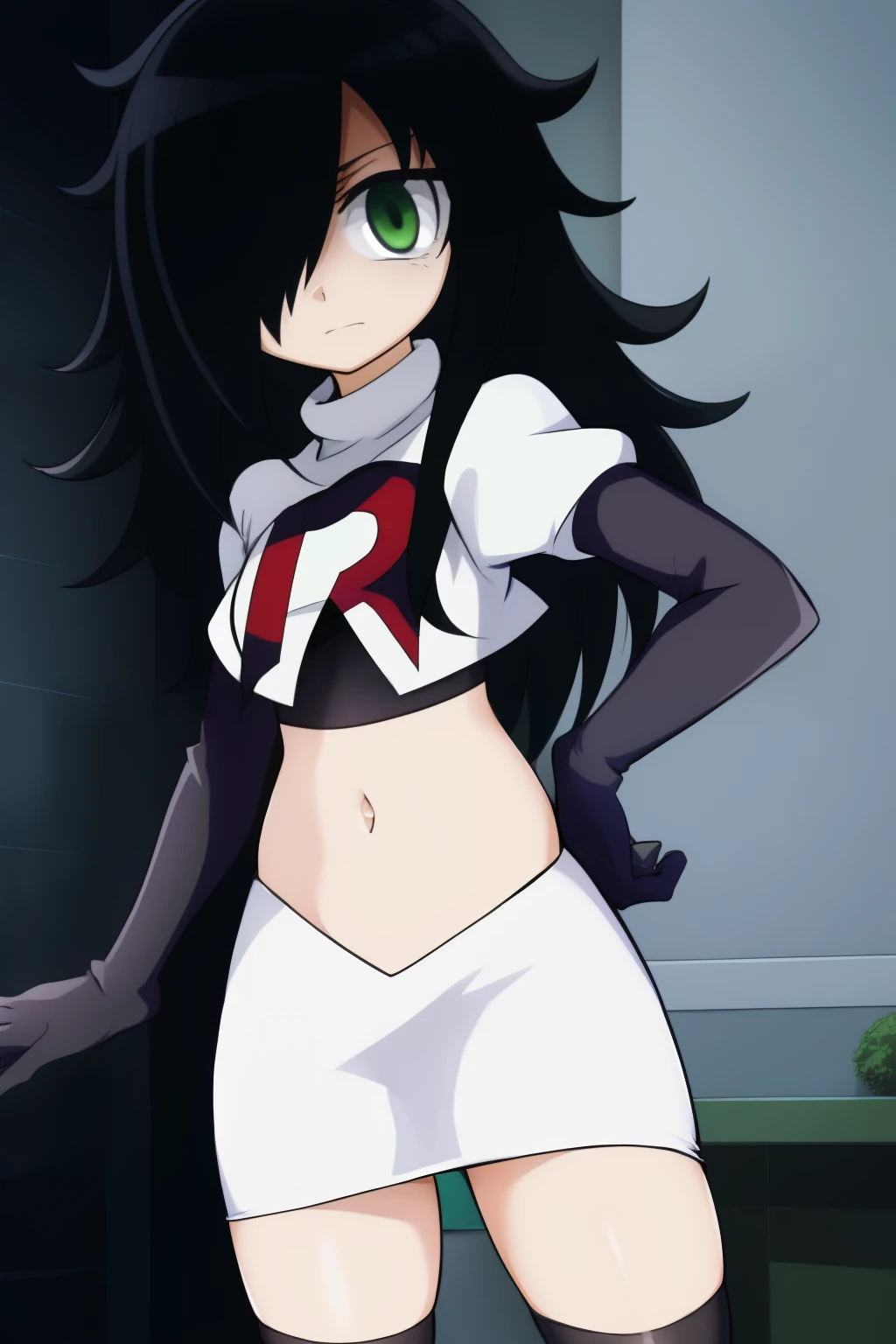 (masterpiece, detailed), kuroki-tomoko, green eyes, hair over one eye, bags under eyes, team rocket,team rocket uniform,white skirt,red letter R,crop top,black thigh-highs,black elbow gloves