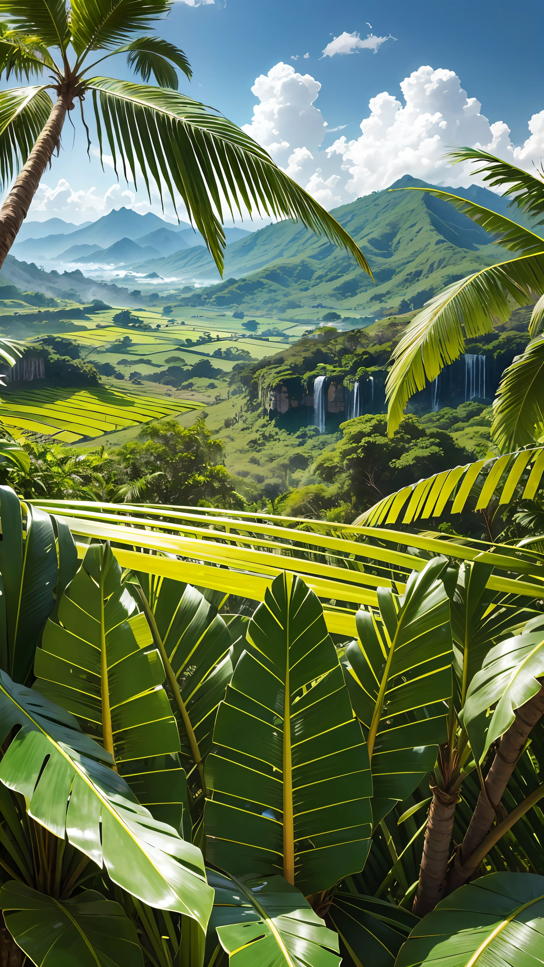「Create a captivating image with a vibrant and vibrant style,Representing the Essence of Jamaica. in the center of the image, Depicts a lush tropical forest with towering trees, Along the swaying sugar cane fields. Use a rich color palette, The forest is dark green,Sugar cane comes in vibrant green color, Capturing the diversity and richness of the Jamaican landscape. Enhanced depiction of sugar cane fields, including workers tending crops, Demonstrates the agricultural significance of sugarcane in Jamaica's history and economy. Emphasis on the tall stems and bright green color of the sugarcane, Make them come alive in the composition. Get immersed in the lively and colorful birds of Jamaica’s forests. Depicting native birds,Such as the Jamaican Toddy or the Red-billed River-tailed Bird, known as jamaica's national bird. these birds, Vibrant plumage and unique features, Add an element of beauty and charm to your images. In the background, Capturing the majestic Blue Mountains, Misty mountain peaks rising in the distance. These mountains are not just some of Jamaica’s stunning natural features,and provides ideal conditions for growing coffee. Incorporate subtle elements that represent the coffee industry, Such as coffee tree or small coffee bean illustration. Add a touch of Jamaican culture, Includes individuals engaged in activities that reflect the spirit of the island, For example, play reggae music, Dance, Or enjoy vibrant local cuisine. Make sure your composition depicts depth and movement, Birds soar in the sky, The leaves rustle in the wind, and warm sunlight filtering through the forest canopy. This will create a sense of energy and immersion in --auto --s2