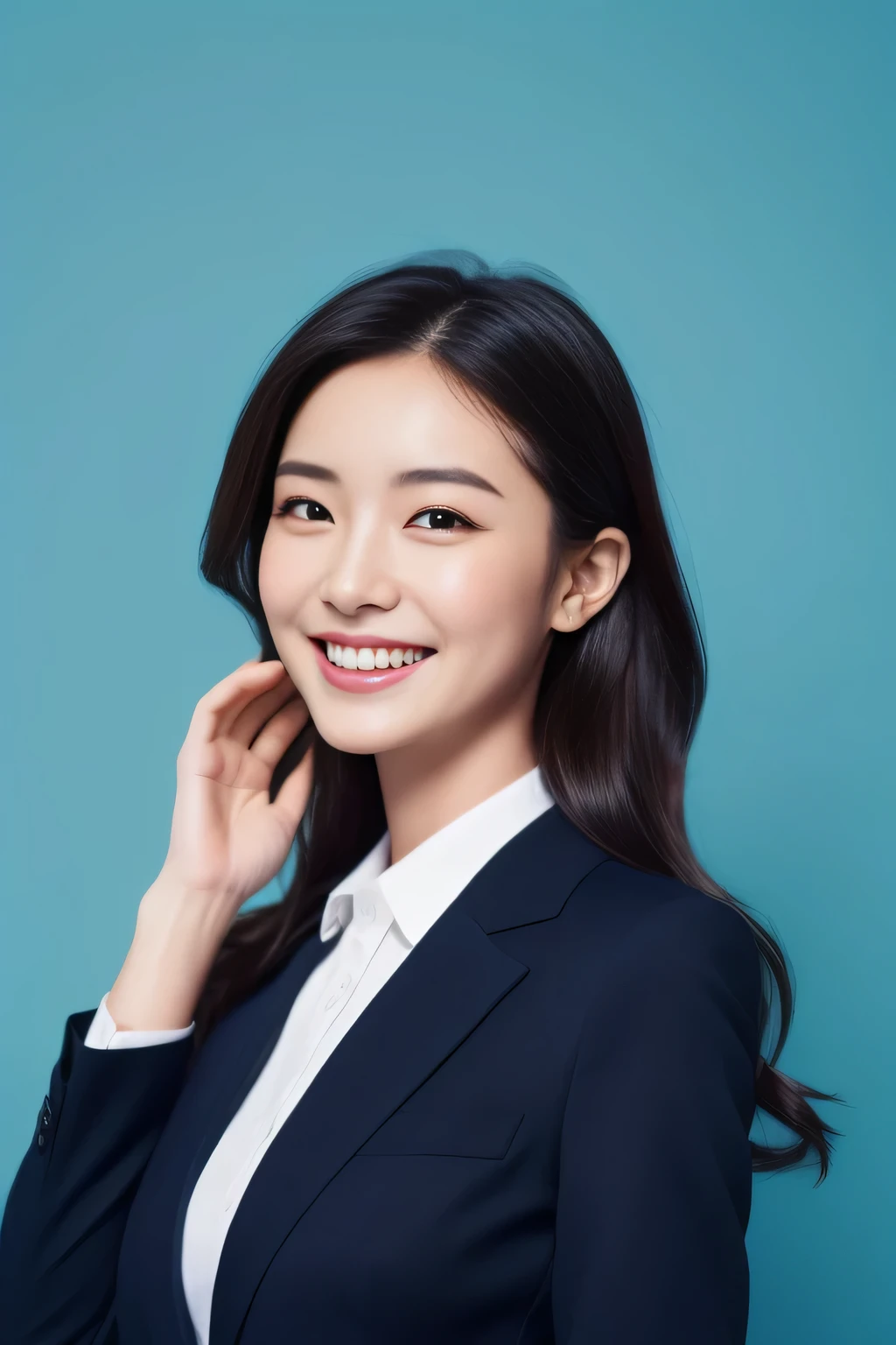 The face is a hostess、The clothing is a high-quality dark blue business suit..、surreal、healthy、smile、Slender perfect figure、beauty of japan、beautiful eyes、perfect face、beautiful skin、From the side、soft blue background