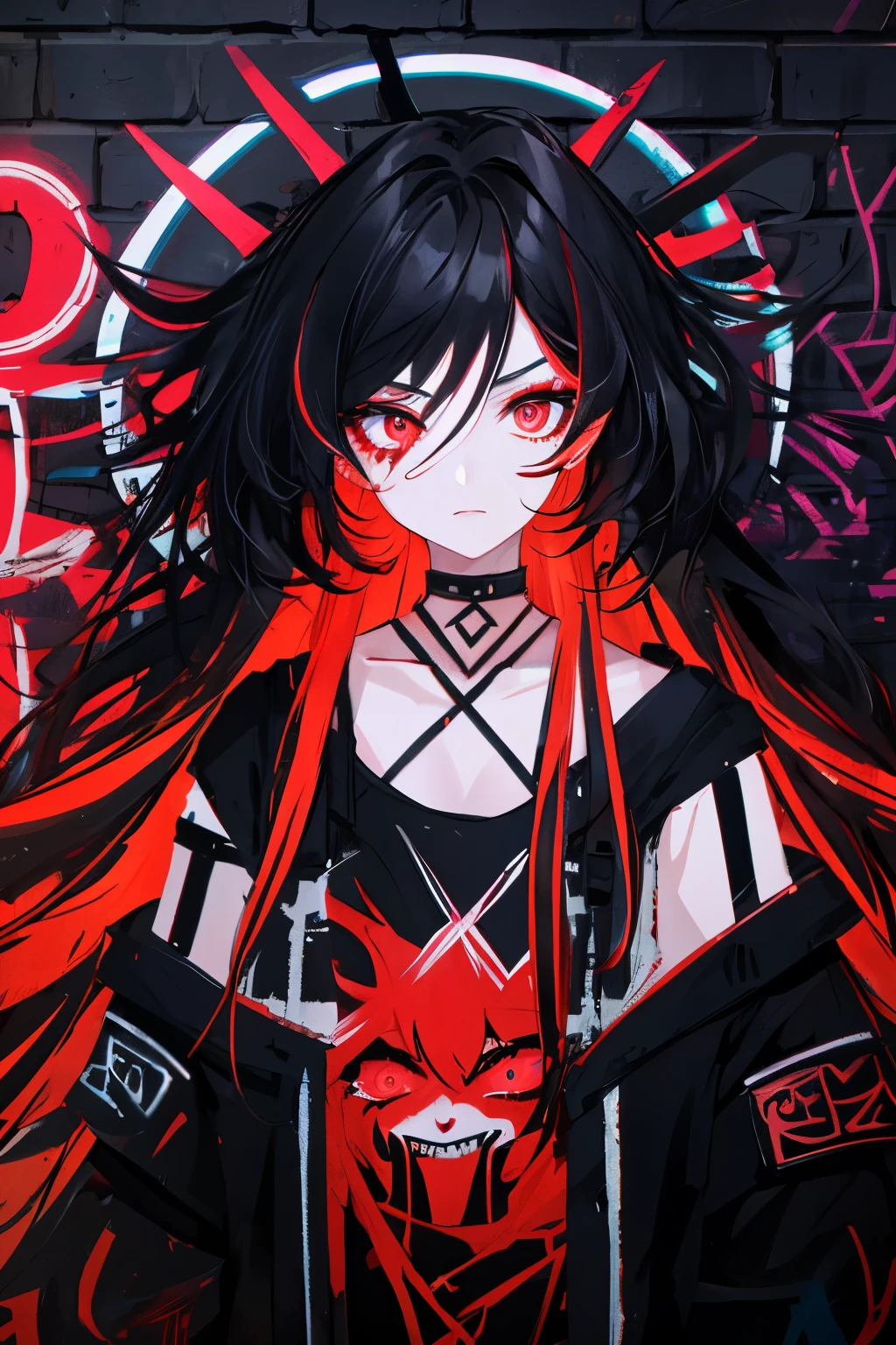 best quality, intricate details, chromatic aberration,
1girl, long hair, black hair, messy hair, red highlights, hair over one eye, red eyes, sharp eyes,
choker, neon shirt, torn legwear, open jacket,
against wall, brick wall, graffiti, glowing grafiti, glowing tattoos, glow, neon lights,
blacklight,