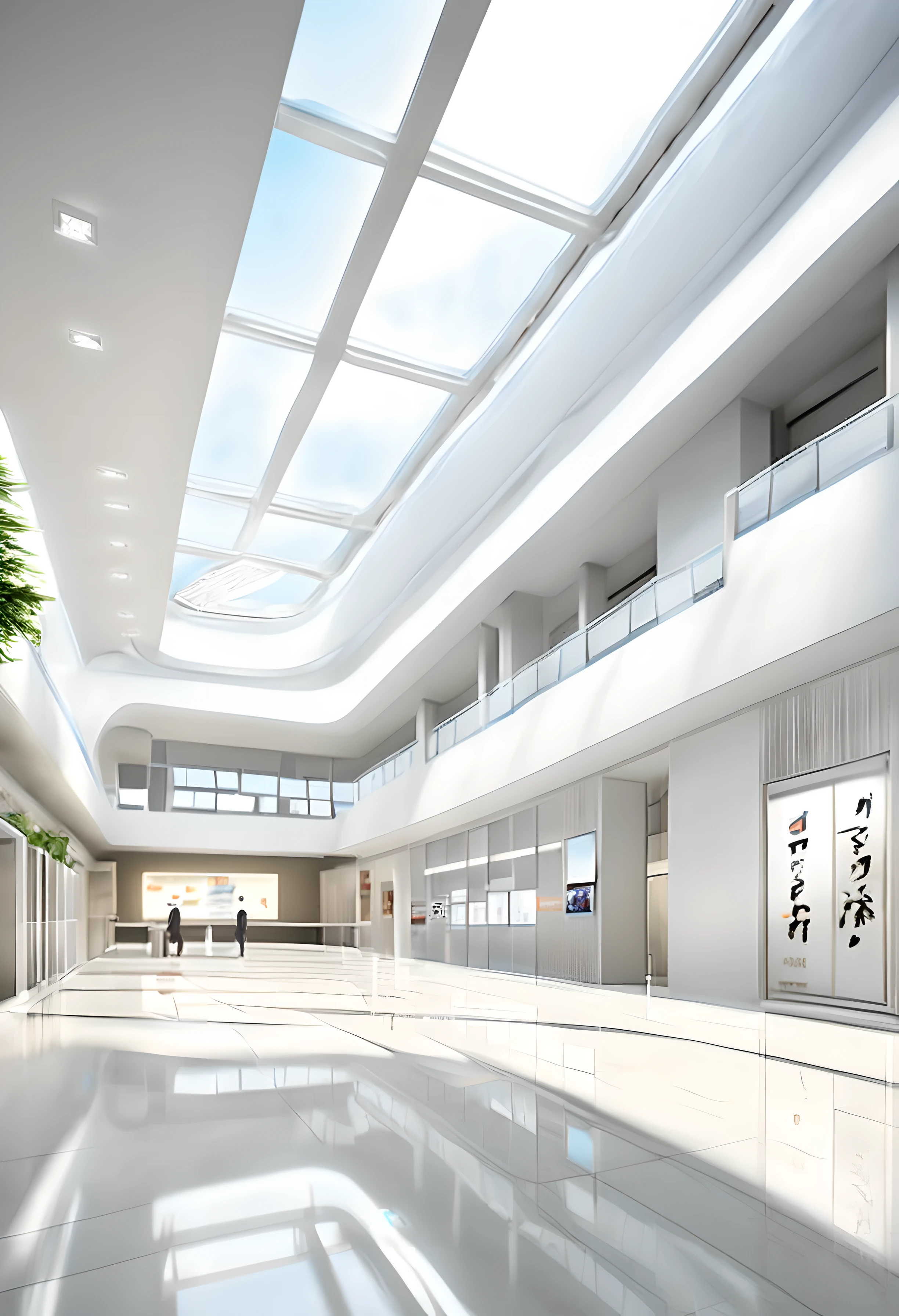 You are a senior public space designer,Design AAAA level tourist reception center,Indoor floors are higher,There is a skylight on the roof,Sunlight can shine into the room through the skylight。high quality,High accuracy,high resolution,style Japanese style,Space layout includes ticket window、reception desk、Lounge area。The space opens brightly。The light is cold white light。The color tone is mainly white,The picture is presented in 3D MAX rendering.