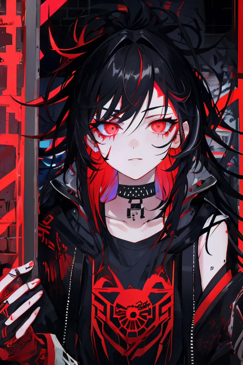 best quality, intricate details, chromatic aberration, 

1girl, long hair, black hair, messy hair, red highlights, hair over one eye, red eyes, sharp eyes, 

choker, neon shirt, torn legwear, open jacket, 

against wall, brick wall, graffiti, glowing grafiti, glowing tattoos, glow, neon lights, 


blacklight,  