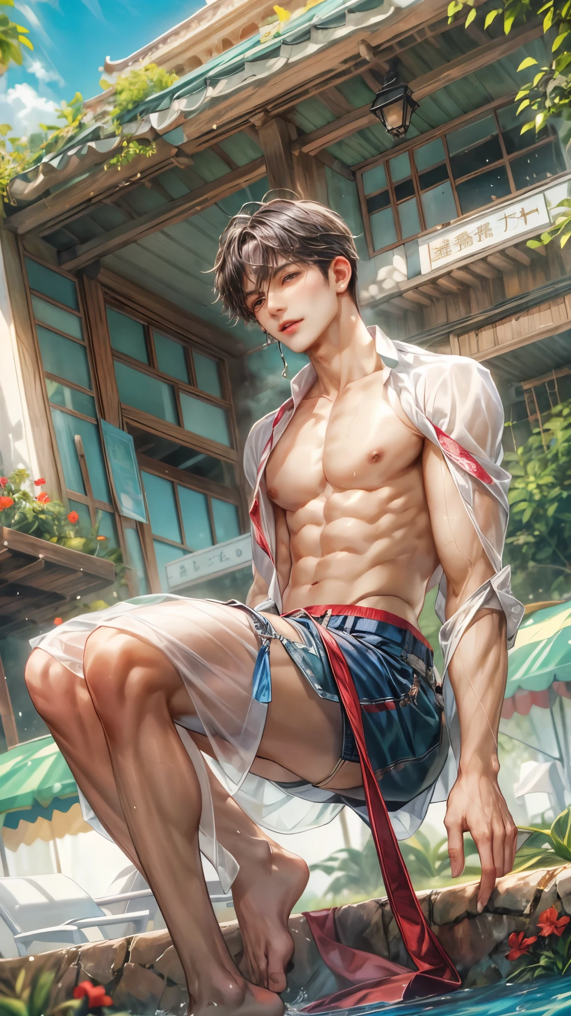 (absurdres, highres, ultra detailed, HDR), masterpiece, intricate, best quality, half body from below:1.1, portrait of a handsome anime character from ayashino ceres, short hair, original hair, towel on shoulder, captivating scene , boy enjoying a luxurious poolside. happy face, topless, see through shirt showing chest, wearing very short shorts showing legs, slightly hairy, Incorporate elements of nature, architecture, and the character's unique charm to create a visually stunning and immersive environment, art kenouji.