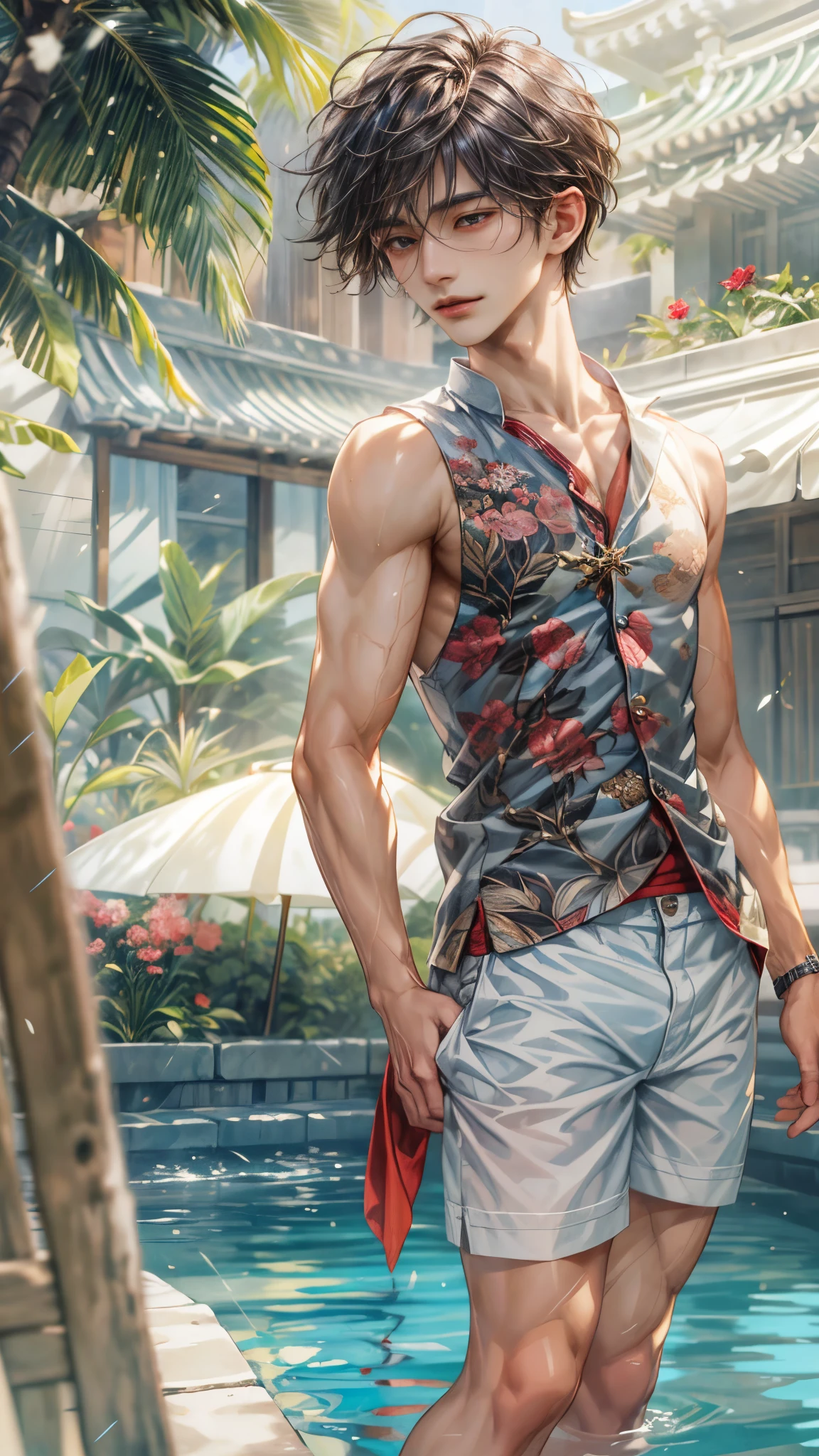 (absurdres, highres, ultra detailed, HDR), masterpiece, intricate, best quality, half body from below:1.1, portrait of a handsome anime character from ayashino ceres, short hair, original hair, towel on shoulder, captivating scene , boy enjoying a luxurious poolside. happy face, topless, see through shirt showing chest, wearing very short shorts showing legs, slightly hairy, Incorporate elements of nature, architecture, and the character's unique charm to create a visually stunning and immersive environment, art kenouji.