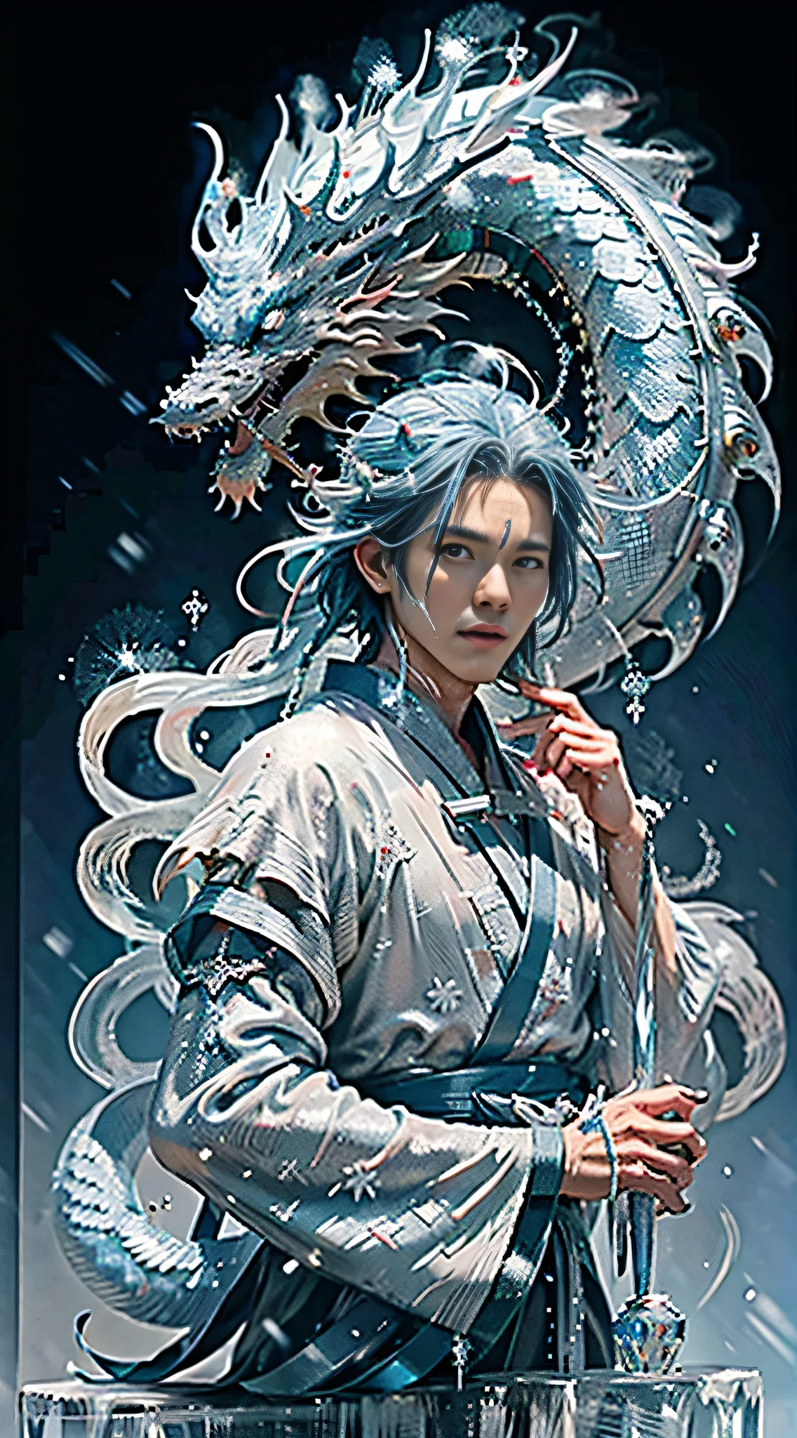(((1 boy)))，imperial water，magician，（Hanfu：1.5），（perfect facial features：1.4），（blue silk robe），（神秘的magic circle：1.2），((Ice Dragon))，（Ice crystal scales），Blue glow，（Frost Wings），Powerful ice magic，icicle，高耸于wind景之上，Blue light cold light，Ice storms，wind，Flying snow ice and snow，Amazing results，,best quality,masterpiece,ultra high resolution,detailed,intricate details,8k resolution,8KUCG wallpaper,high dynamic range,Aqua blue,magic circle,Cinema-level lighting effects,chiaroscuro，Ray tracing、NVIDIA RTX