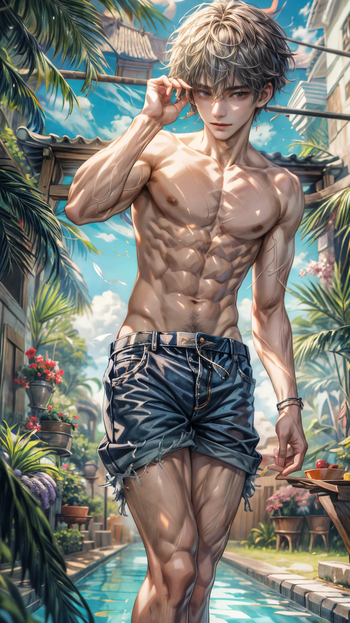 (absurdres, highres, ultra detailed, HDR), masterpiece, intricate, best quality, half body from below:1.1, portrait of a handsome anime character from ayashino ceres, short hair, original hair, towel on shoulder, captivating scene , boy enjoying a luxurious poolside. happy face, topless, see through shirt showing chest, wearing very short shorts showing legs, slightly hairy, Incorporate elements of nature, architecture, and the character's unique charm to create a visually stunning and immersive environment, art kenouji.