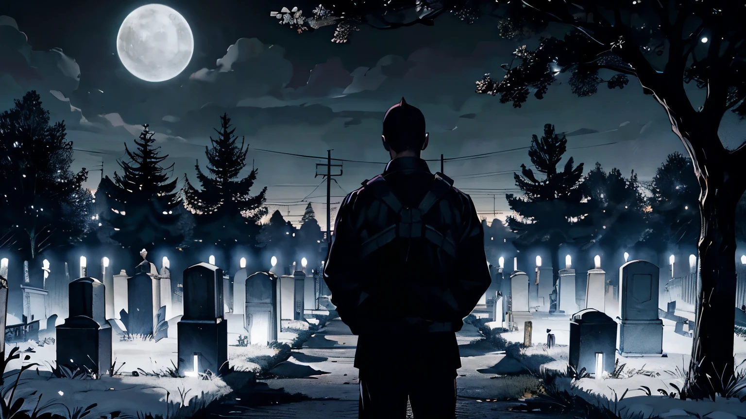 Cemetery security guard on a dark and gloomy night, in an old and macabre cemetery