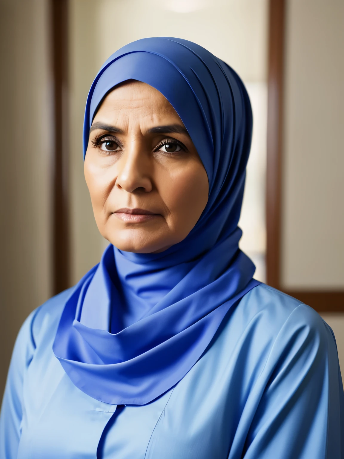 An elegant woman, islamic hijab, ultra detailed, 16k ultra hd, cinematic, beautiful woman, woman aged 55 years old, background medical room in hospital, look worried. perfect face. 