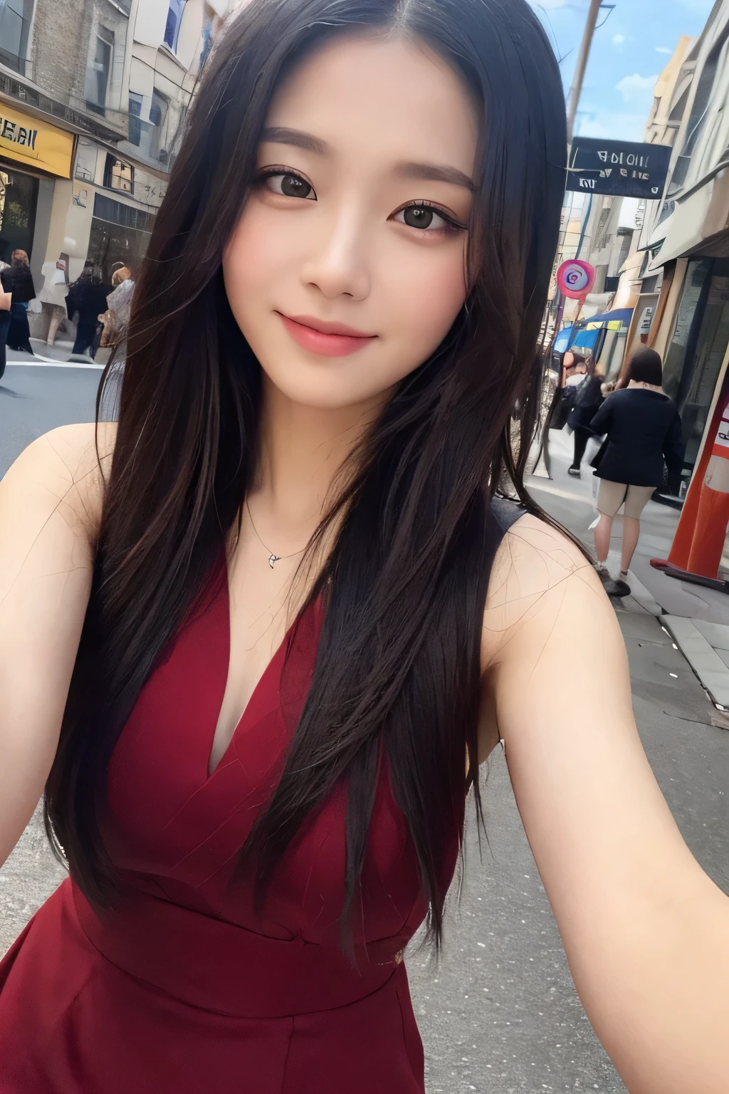 ((highest quality, 8k, masterpiece :1.3)), 1 girl, smile, whole body, slim face, Beautiful woman, (black hair), Full-length red dress :1.1, super detailed face, fine eyes, double eyelid, blur background, slim face, city, outside, street,