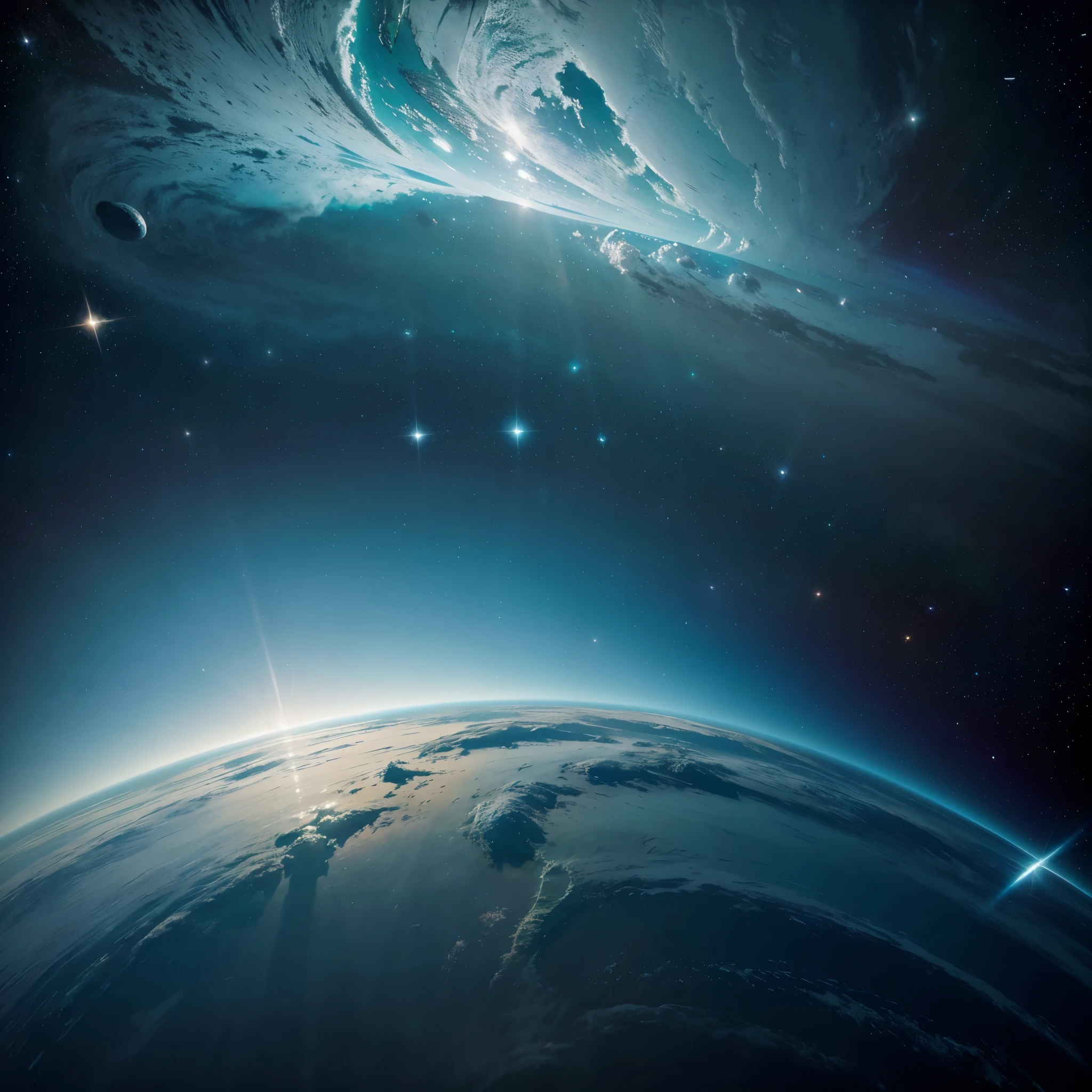 Title: Blue Planet: A Dance of Light and Color in the Depths of Space
Description:
Scene:
A blue planet with dense, swirling clouds, deep in space.
Vast and deep oceans with various shades of blue, from turquoise to azure.
Lush continents with dense forests and vast plains.
Shining polar ice at the two poles of the planet.
Details:
Light and Color:
Sunlight refracts through the clouds, creating a variety of colors in the sky.
A dance of light and color is visible in the clouds and on the surface of the planet.
The colors blue, green, turquoise, azure and white are dominant on the planet.
Movement and Dynamism:
The clouds are swirling and moving, embracing the planet.
The waves crash against the shore, adding a sense of dynamism to the image.
It is as if the planet is breathing and alive.
Space:
Stars and other planets are visible in the background of the image.
The vastness and beauty of space are showcased in the image.
The blue planet appears small and delicate in comparison to the vastness of space.
Objective:
To create a sci-art image of a fictional blue planet.
To showcase the beauty and delicacy of planet Earth.
To evoke a sense of wonder and awe in the viewer.
Tips:
For more details, you can use images and documents related to planet Earth, clouds, oceans and space.
Pay attention to lighting and color combination to create a sci-art feel that is poetic, dynamic and majestic.