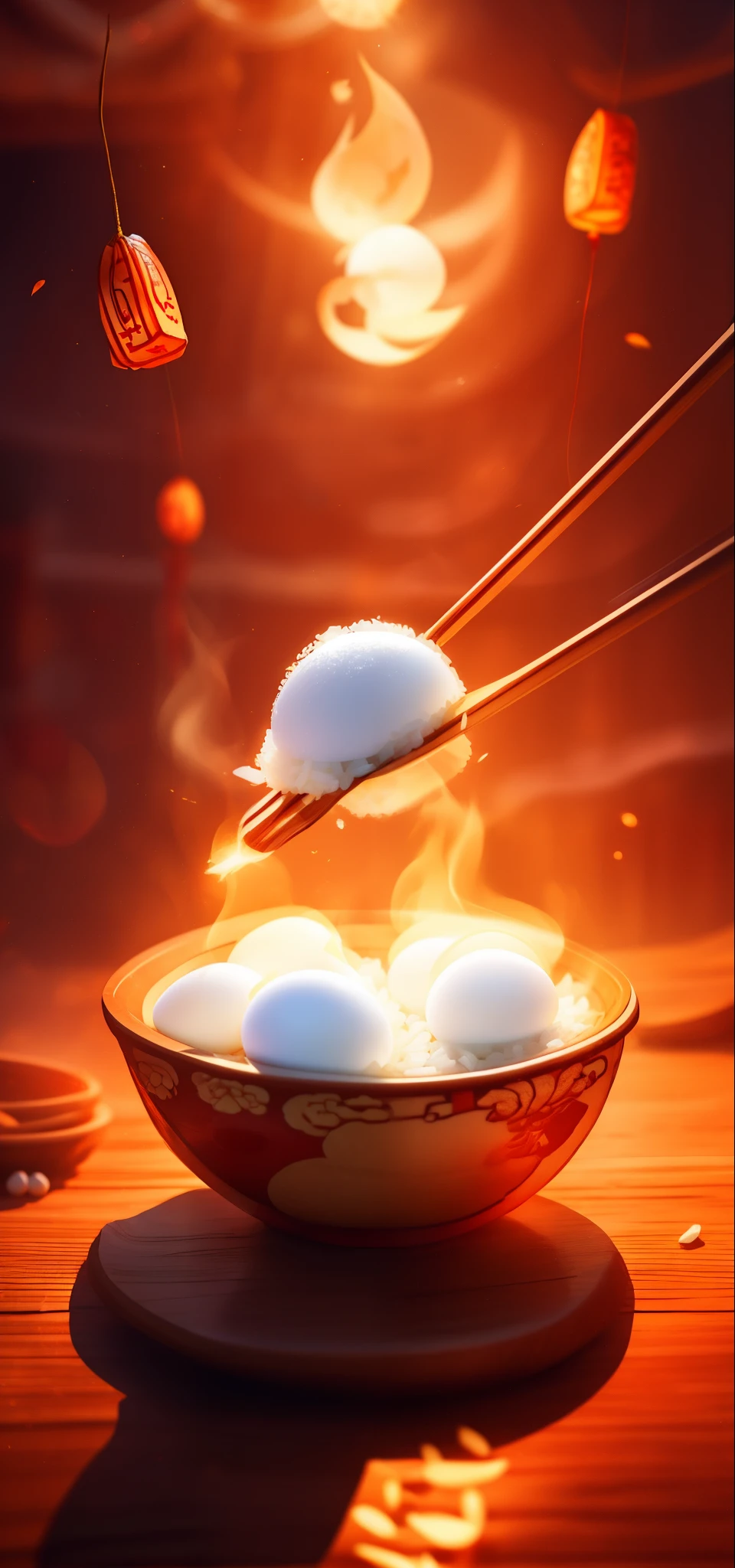 （original photo，best quality），（realistically，Shoot real：1.3），best quality，Very detailed，masterpiece，Ultra-detailed，revelation，Image of eggs held between chopsticks，red festive background，奇幻插画style，Light red，Made of cheese，Chinese New Year celebrations，furnace，Luminous quality，Made of cheese。best quality，Extremely detailed CG unity 8k wal，amazing，light，lens_flare，Dunhuang_style，rice dumpling，meter，Rice balls，leaf