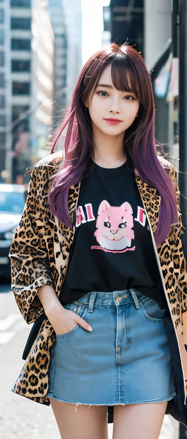 neat idol、whole body、good style、、、、、leopard print jacket、Pink shorts、colorful hair