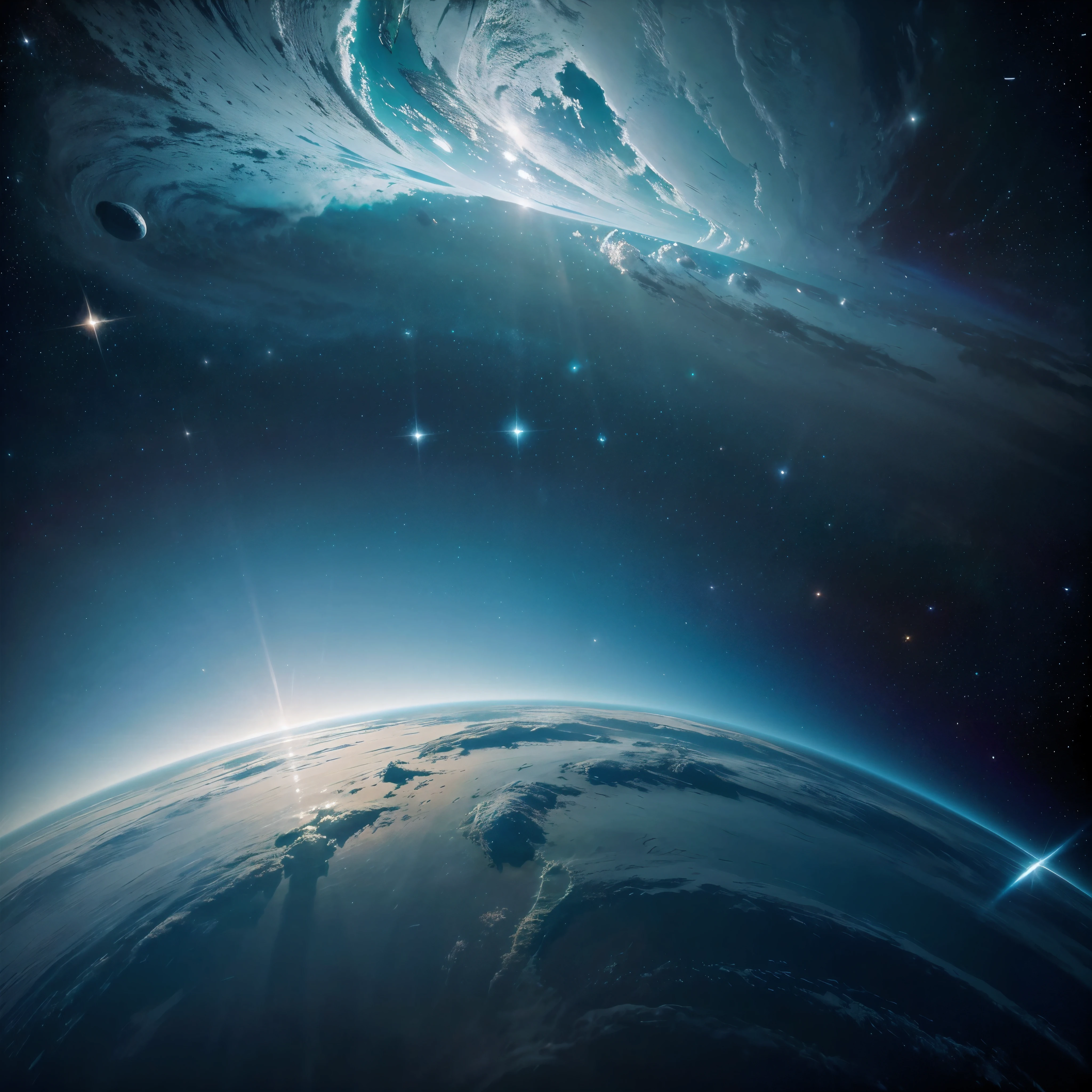 Title: Blue Planet: A Dance of Light and Color in the Depths of Space
Description:
Scene:
A blue planet with dense, swirling clouds, deep in space.
Vast and deep oceans with various shades of blue, from turquoise to azure.
Lush continents with dense forests and vast plains.
Shining polar ice at the two poles of the planet.
Details:
Light and Color:
Sunlight refracts through the clouds, creating a variety of colors in the sky.
A dance of light and color is visible in the clouds and on the surface of the planet.
The colors blue, green, turquoise, azure and white are dominant on the planet.
Movement and Dynamism:
The clouds are swirling and moving, embracing the planet.
The waves crash against the shore, adding a sense of dynamism to the image.
It is as if the planet is breathing and alive.
Space:
Stars and other planets are visible in the background of the image.
The vastness and beauty of space are showcased in the image.
The blue planet appears small and delicate in comparison to the vastness of space.
Objective:
To create a sci-art image of a fictional blue planet.
To showcase the beauty and delicacy of planet Earth.
To evoke a sense of wonder and awe in the viewer.
Tips:
For more details, you can use images and documents related to planet Earth, clouds, oceans and space.
Pay attention to lighting and color combination to create a sci-art feel that is poetic, dynamic and majestic.