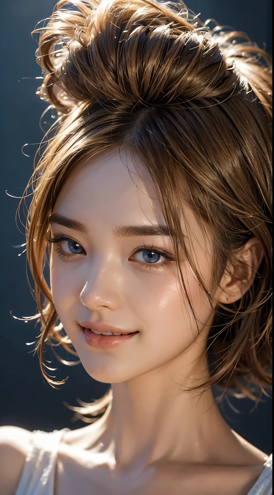 highest quality、8k、32K、Masseter muscle part、nffsw:1.3)、((Interview:1.3)),cute japanese girl、1 girl、short hair、profile、(slim body shape:1.2)、(lips) 、((blonde hair))、double eyelid、shiny skin、realistic rays of light、big、beautiful face、(laughter:1.3)、(Close-up:1.4)、(front focus)、photo realistic、professional lighting、highly detailed face、award-winning、deep shadow、((Ultra-realistic raw photos)),fine eyes,Eyes like the real thing,fine hair,