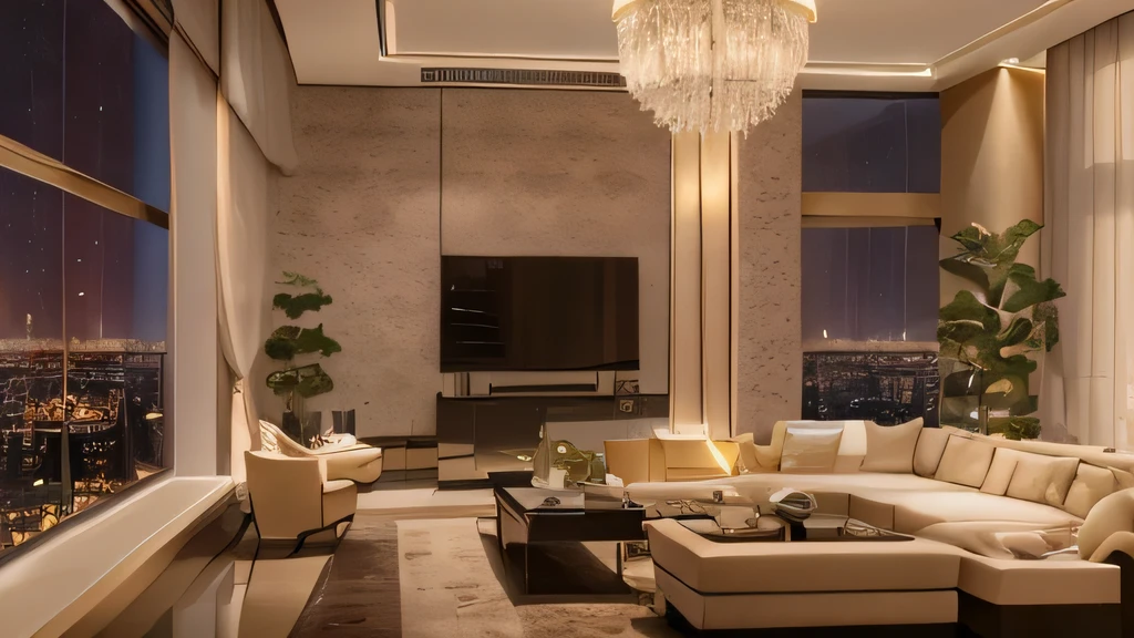 Alafid living room with large windows,city View, Luxury Apartment内部, Penthouse, Luxurious environment, Luxury Apartment, Comfortable modern living room, living room interior design, Indoor warm light, stunning rendering, Deluxe HD rendering, interior design living room, modern interior design, Inside modern apartment, modern living room, Photorealistic rendering, architectural visualization