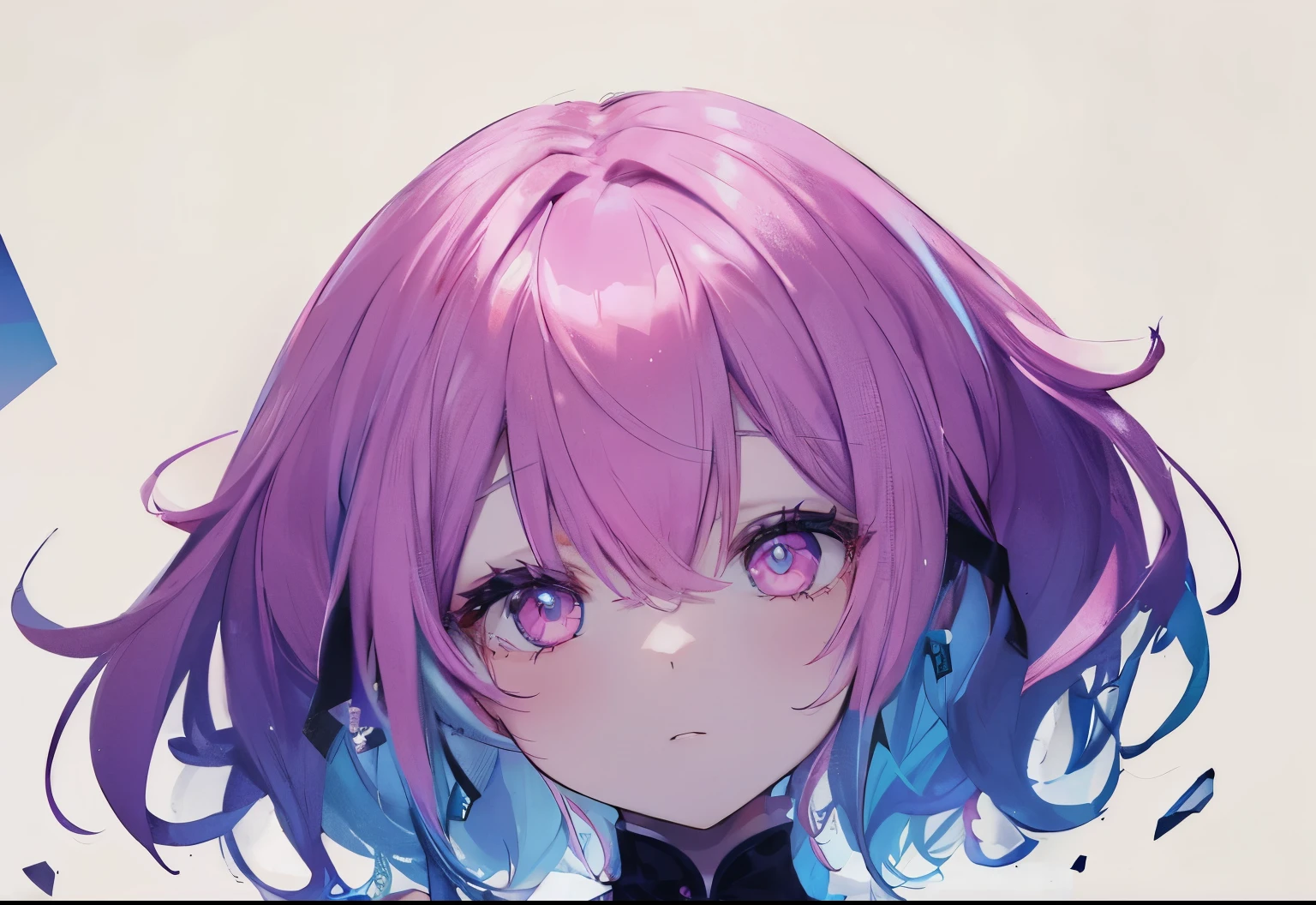 Women's hair gradient from shocking pink to blue, eyes strikingly pink