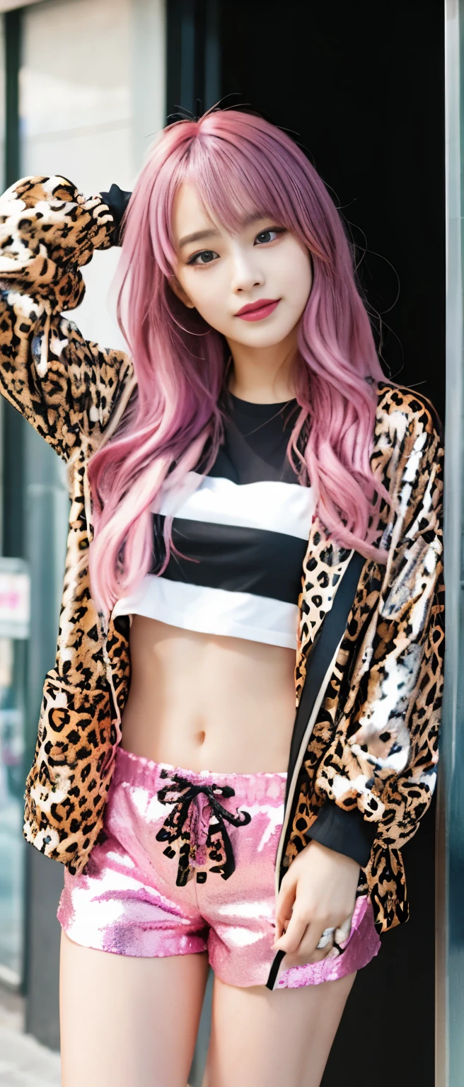 neat idol、whole body、good style、、、、、leopard print jacket、pink sequin shorts、colorful hair