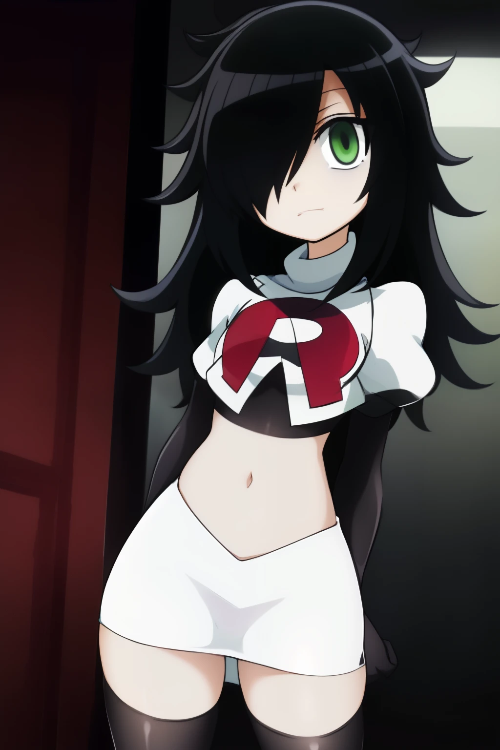 (masterpiece, detailed), kuroki-tomoko, green eyes, hair over one eye, bags under eyes, team rocket,team rocket uniform,white skirt,red letter R,crop top,black thigh-highs,black elbow gloves