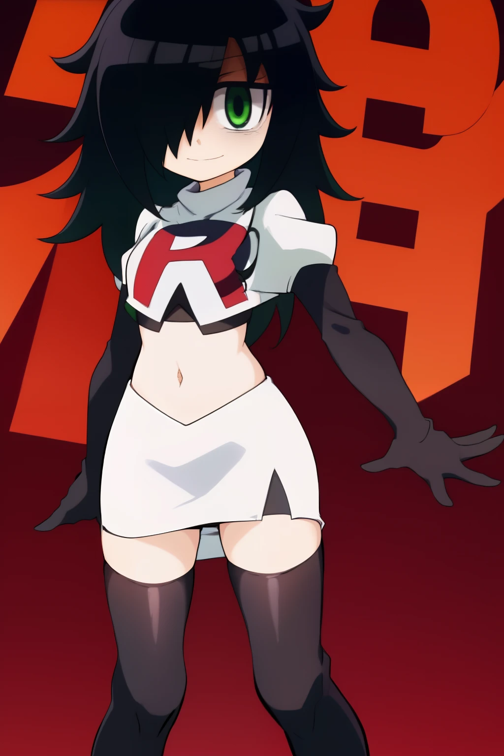 matoi ryuuko, dark armor, magical girl, dragon wings, kill la kill, red hair, large breasts, abs, wide hips, thick thighs, thick arms, pants, standing, black body suit, full body, boots,smile, pullover, miniskirt, black pullover,, black bodysuit, red hair, sword holding, bodysuit in the chest and legs