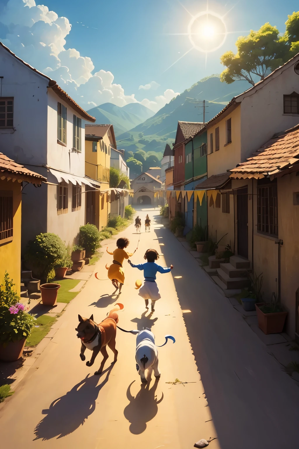 Amidst the vibrant hues of a picturesque village, sunshine cascades down, painting the earth with its golden rays. Children's laughter echoes through the air as they run around, their faces glowing with joy. Kites, in various shapes and sizes, dance gracefully against the clear blue sky. A harmonious scene of simplicity and happiness unfolds: dogs wagging their tails, villagers greeting one another, and the sun casting long, peaceful shadows over the land.